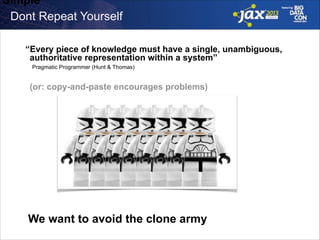 Simple
Dont Repeat Yourself
“Every piece of knowledge must have a single, unambiguous,
authoritative representation within a system”  
 

Pragmatic Programmer (Hunt & Thomas)

(or: copy-and-paste encourages problems)

We want to avoid the clone army

 