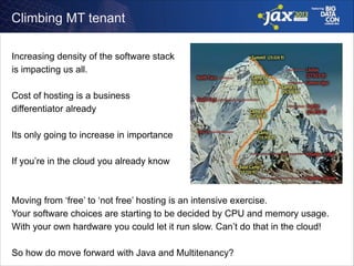 Climbing MT tenant
Increasing density of the software stack
is impacting us all.
!

Cost of hosting is a business
differentiator already
!

Its only going to increase in importance
!

If you’re in the cloud you already know
!
!

Moving from ‘free’ to ‘not free’ hosting is an intensive exercise.
Your software choices are starting to be decided by CPU and memory usage.
With your own hardware you could let it run slow. Can’t do that in the cloud!
!

So how do move forward with Java and Multitenancy?

 