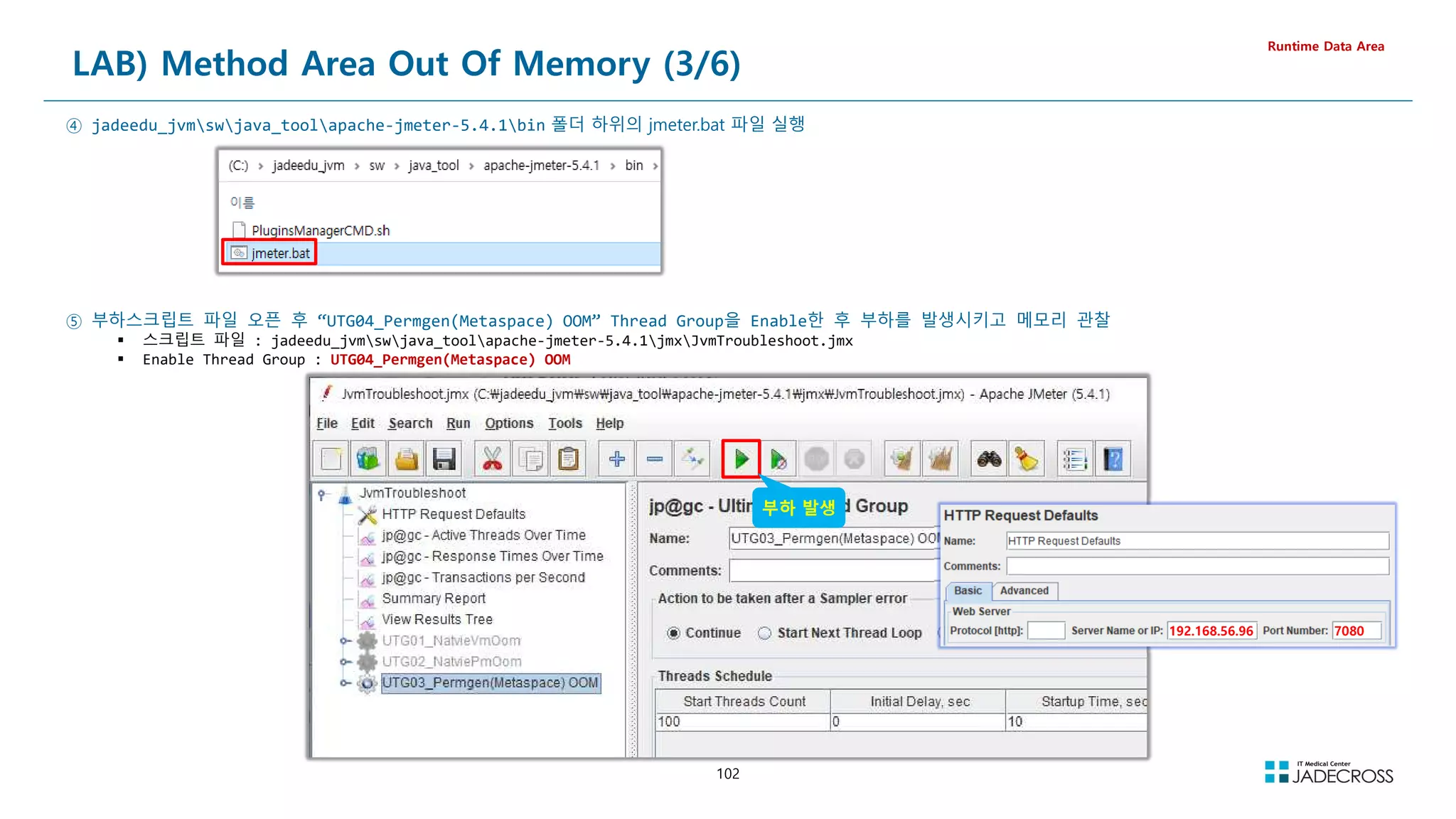 102
LAB) Method Area Out Of Memory (3/6)
Runtime Data Area
④ jadeedu_jvmswjava_toolapache-jmeter-5.4.1bin 폴더 하위의 jmeter.bat 파일 실행
⑤ 부하스크립트 파일 오픈 후 “UTG04_Permgen(Metaspace) OOM” Thread Group을 Enable한 후 부하를 발생시키고 메모리 관찰
 스크립트 파일 : jadeedu_jvmswjava_toolapache-jmeter-5.4.1jmxJvmTroubleshoot.jmx
 Enable Thread Group : UTG04_Permgen(Metaspace) OOM
부하 발생
7080
192.168.56.96
 