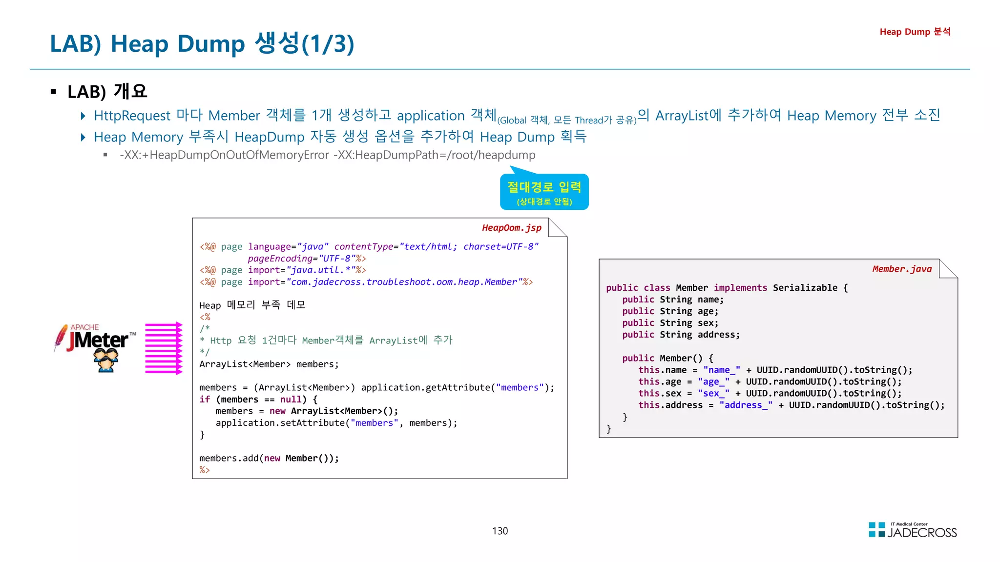 130
LAB) Heap Dump 생성(1/3)
 LAB) 개요
 HttpRequest 마다 Member 객체를 1개 생성하고 application 객체(Global 객체, 모든 Thread가 공유)의 ArrayList에 추가하여 Heap Memory 전부 소진
 Heap Memory 부족시 HeapDump 자동 생성 옵션을 추가하여 Heap Dump 획득
 -XX:+HeapDumpOnOutOfMemoryError -XX:HeapDumpPath=/root/heapdump
Heap Dump 분석
HeapOom.jsp
%@ page language=java contentType=text/html; charset=UTF-8
pageEncoding=UTF-8%
%@ page import=java.util.*%
%@ page import=com.jadecross.troubleshoot.oom.heap.Member%
Heap 메모리 부족 데모
%
/*
* Http 요청 1건마다 Member객체를 ArrayList에 추가
*/
ArrayListMember members;
members = (ArrayListMember) application.getAttribute(members);
if (members == null) {
members = new ArrayListMember();
application.setAttribute(members, members);
}
members.add(new Member());
%
Member.java
public class Member implements Serializable {
public String name;
public String age;
public String sex;
public String address;
public Member() {
this.name = name_ + UUID.randomUUID().toString();
this.age = age_ + UUID.randomUUID().toString();
this.sex = sex_ + UUID.randomUUID().toString();
this.address = address_ + UUID.randomUUID().toString();
}
}
절대경로 입력
(상대경로 안됨)
 