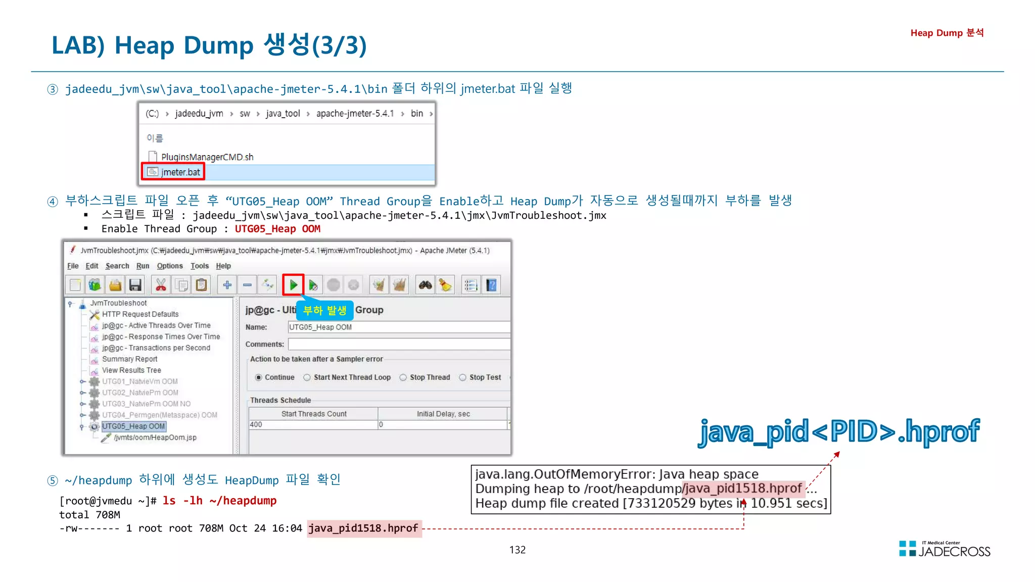 132
LAB) Heap Dump 생성(3/3)
Heap Dump 분석
③ jadeedu_jvmswjava_toolapache-jmeter-5.4.1bin 폴더 하위의 jmeter.bat 파일 실행
④ 부하스크립트 파일 오픈 후 “UTG05_Heap OOM” Thread Group을 Enable하고 Heap Dump가 자동으로 생성될때까지 부하를 발생
 스크립트 파일 : jadeedu_jvmswjava_toolapache-jmeter-5.4.1jmxJvmTroubleshoot.jmx
 Enable Thread Group : UTG05_Heap OOM
⑤ ~/heapdump 하위에 생성도 HeapDump 파일 확인
[root@jvmedu ~]# ls -lh ~/heapdump
total 708M
-rw------- 1 root root 708M Oct 24 16:04 java_pid1518.hprof
부하 발생
 