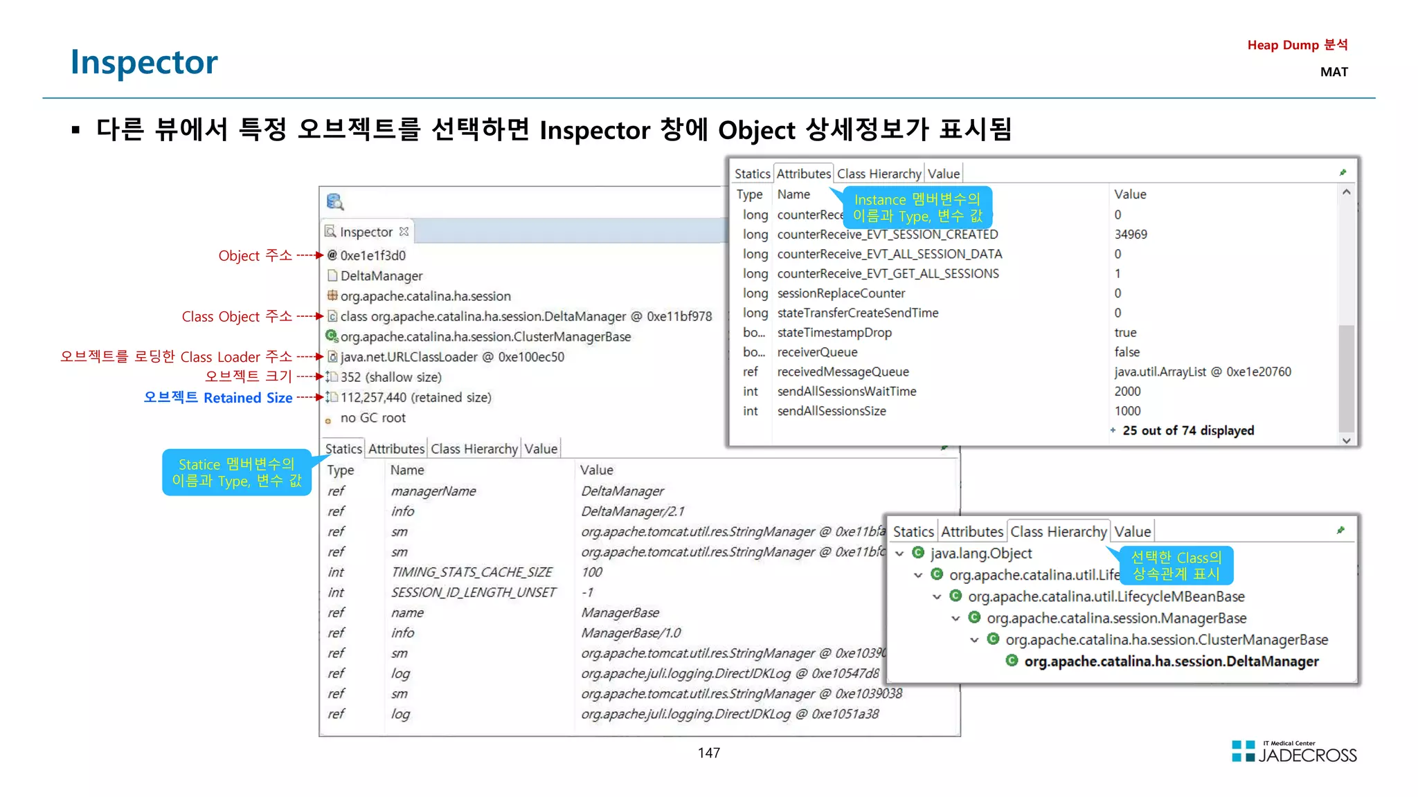 147
Inspector
 다른 뷰에서 특정 오브젝트를 선택하면 Inspector 창에 Object 상세정보가 표시됨
Heap Dump 분석
MAT
Object 주소
Class Object 주소
오브젝트를 로딩한 Class Loader 주소
오브젝트 크기
오브젝트 Retained Size
Statice 멤버변수의
이름과 Type, 변수 값
Instance 멤버변수의
이름과 Type, 변수 값
선택한 Class의
상속관계 표시
 