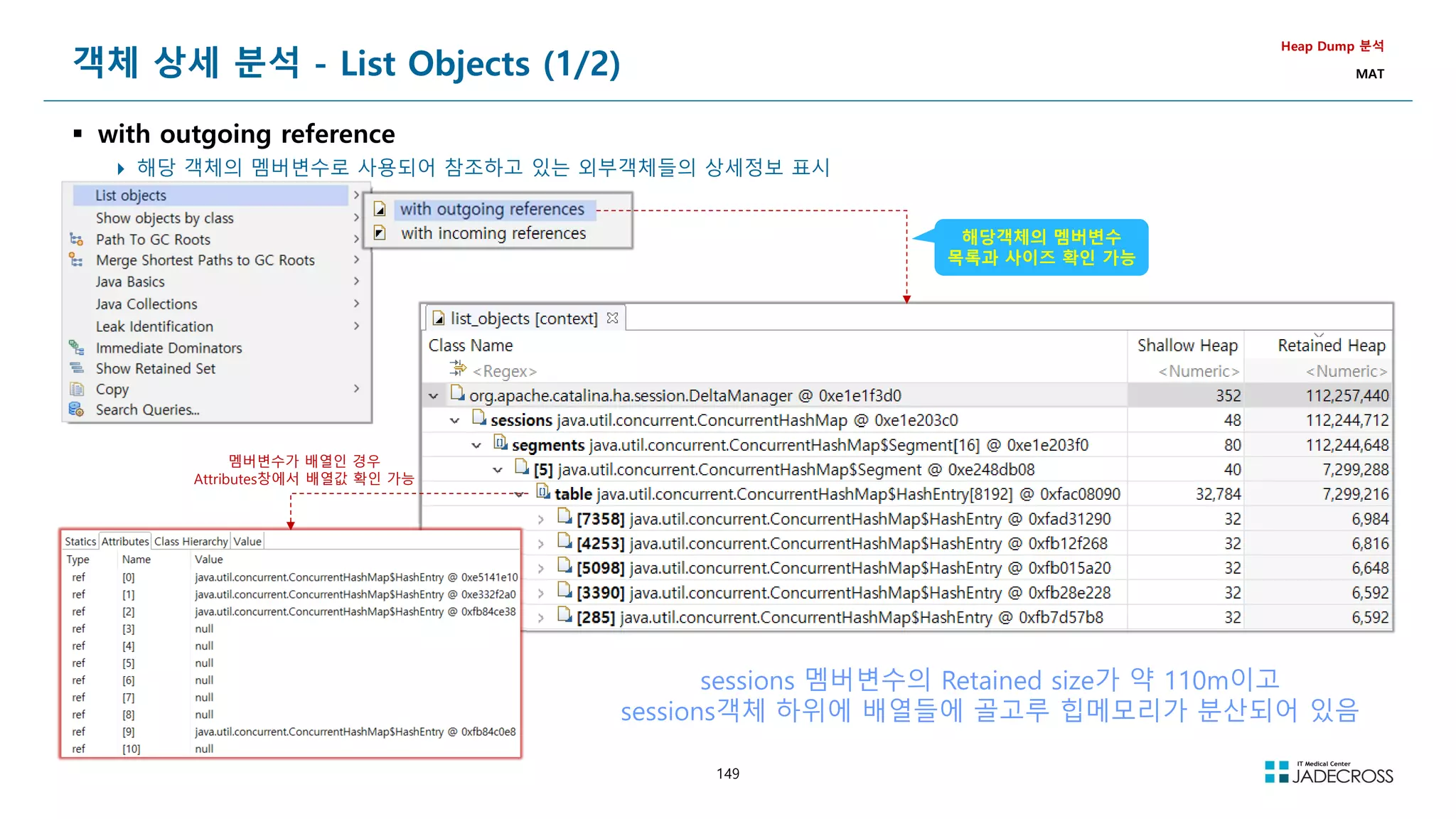 149
객체 상세 분석 - List Objects (1/2)
 with outgoing reference
 해당 객체의 멤버변수로 사용되어 참조하고 있는 외부객체들의 상세정보 표시
Heap Dump 분석
MAT
해당객체의 멤버변수
목록과 사이즈 확인 가능
멤버변수가 배열인 경우
Attributes창에서 배열값 확인 가능
sessions 멤버변수의 Retained size가 약 110m이고
sessions객체 하위에 배열들에 골고루 힙메모리가 분산되어 있음
 