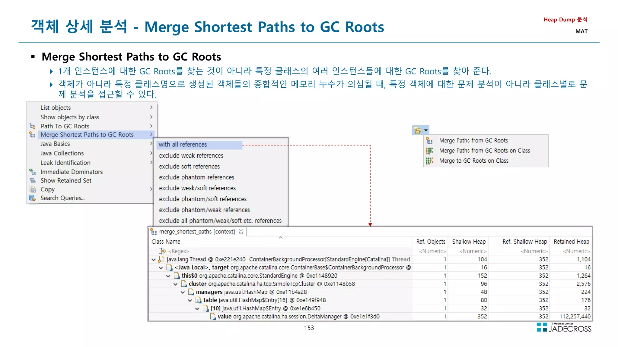 153
객체 상세 분석 - Merge Shortest Paths to GC Roots
 Merge Shortest Paths to GC Roots
 1개 인스턴스에 대한 GC Roots를 찾는 것이 아니라 특정 클래스의 여러 인스턴스들에 대한 GC Roots를 찾아 준다.
 객체가 아니라 특정 클래스명으로 생성된 객체들의 종합적인 메모리 누수가 의심될 때, 특정 객체에 대한 문제 분석이 아니라 클래스별로 문
제 분석을 접근할 수 있다.
Heap Dump 분석
MAT
 