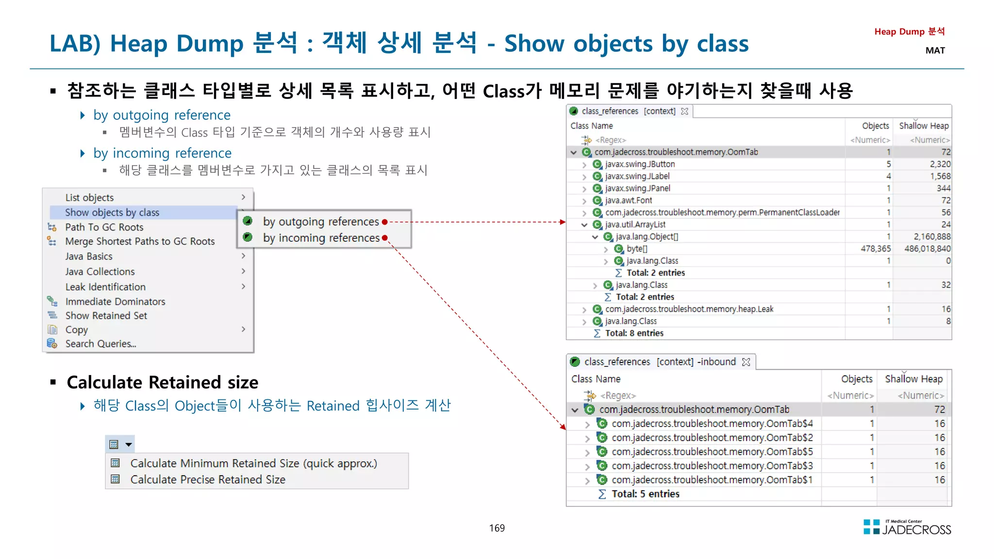 169
LAB) Heap Dump 분석 : 객체 상세 분석 - Show objects by class
 참조하는 클래스 타입별로 상세 목록 표시하고, 어떤 Class가 메모리 문제를 야기하는지 찾을때 사용
 by outgoing reference
 멤버변수의 Class 타입 기준으로 객체의 개수와 사용량 표시
 by incoming reference
 해당 클래스를 멤버변수로 가지고 있는 클래스의 목록 표시
Heap Dump 분석
MAT
 Calculate Retained size
 해당 Class의 Object들이 사용하는 Retained 힙사이즈 계산
 