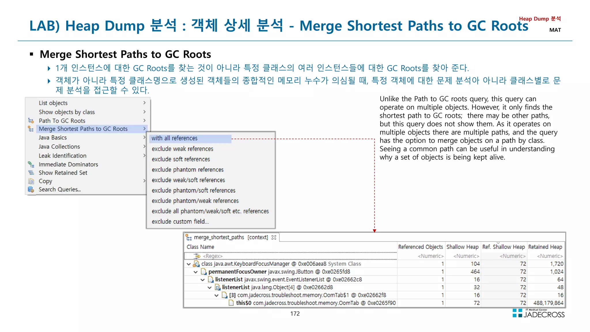 172
LAB) Heap Dump 분석 : 객체 상세 분석 - Merge Shortest Paths to GC Roots
 Merge Shortest Paths to GC Roots
 1개 인스턴스에 대한 GC Roots를 찾는 것이 아니라 특정 클래스의 여러 인스턴스들에 대한 GC Roots를 찾아 준다.
 객체가 아니라 특정 클래스명으로 생성된 객체들의 종합적인 메모리 누수가 의심될 때, 특정 객체에 대한 문제 분석아 아니라 클래스별로 문
제 분석을 접근할 수 있다.
Heap Dump 분석
MAT
Unlike the Path to GC roots query, this query can
operate on multiple objects. However, it only finds the
shortest path to GC roots; there may be other paths,
but this query does not show them. As it operates on
multiple objects there are multiple paths, and the query
has the option to merge objects on a path by class.
Seeing a common path can be useful in understanding
why a set of objects is being kept alive.
 