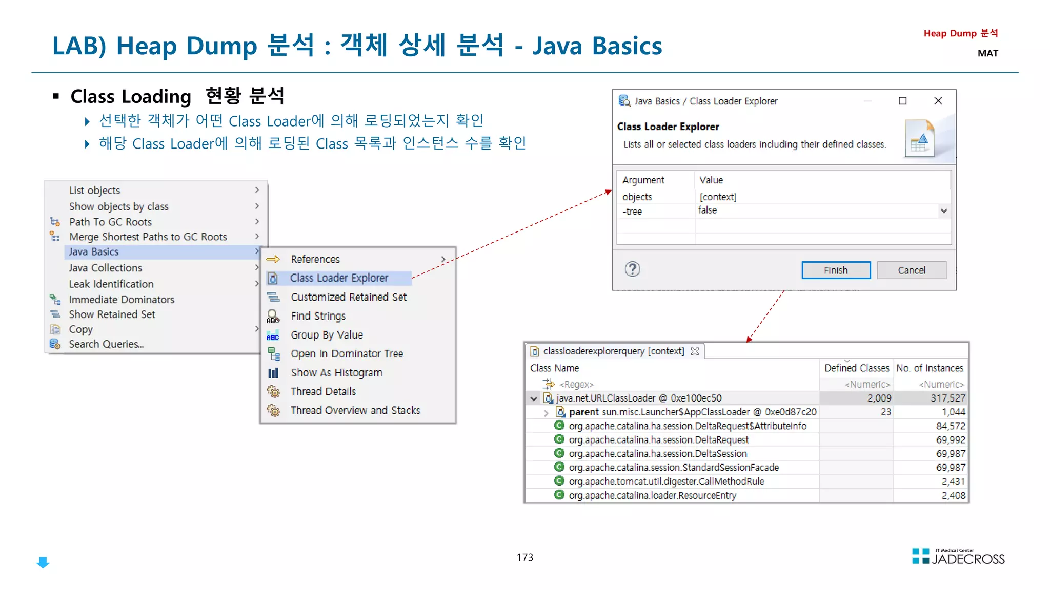 173
LAB) Heap Dump 분석 : 객체 상세 분석 - Java Basics
 Class Loading 현황 분석
 선택한 객체가 어떤 Class Loader에 의해 로딩되었는지 확인
 해당 Class Loader에 의해 로딩된 Class 목록과 인스턴스 수를 확인
Heap Dump 분석
MAT
 