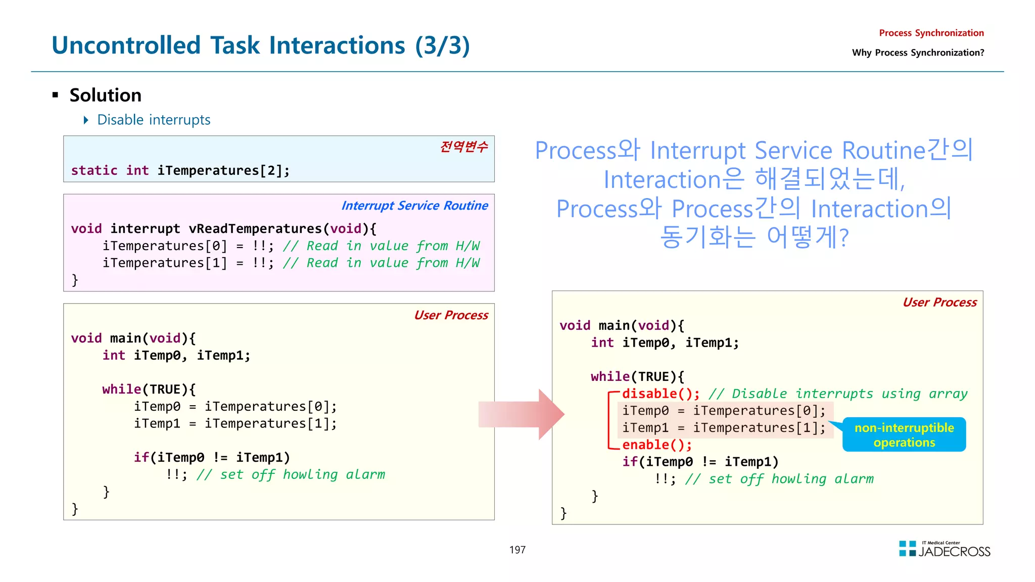 197
Uncontrolled Task Interactions (3/3)
 Solution
 Disable interrupts
Process Synchronization
Why Process Synchronization?
전역변수
static int iTemperatures[2];
Interrupt Service Routine
void interrupt vReadTemperatures(void){
iTemperatures[0] = !!; // Read in value from H/W
iTemperatures[1] = !!; // Read in value from H/W
}
User Process
void main(void){
int iTemp0, iTemp1;
while(TRUE){
iTemp0 = iTemperatures[0];
iTemp1 = iTemperatures[1];
if(iTemp0 != iTemp1)
!!; // set off howling alarm
}
}
User Process
void main(void){
int iTemp0, iTemp1;
while(TRUE){
disable(); // Disable interrupts using array
iTemp0 = iTemperatures[0];
iTemp1 = iTemperatures[1];
enable();
if(iTemp0 != iTemp1)
!!; // set off howling alarm
}
}
non-interruptible
operations
Process와 Interrupt Service Routine간의
Interaction은 해결되었는데,
Process와 Process간의 Interaction의
동기화는 어떻게?
 