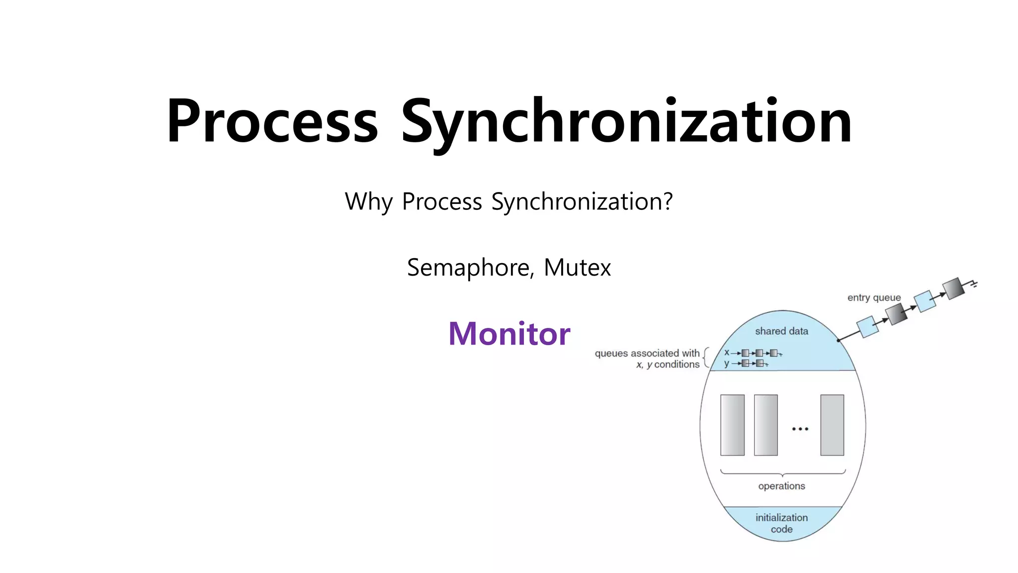 Process Synchronization
Why Process Synchronization?
Semaphore, Mutex
Monitor
 