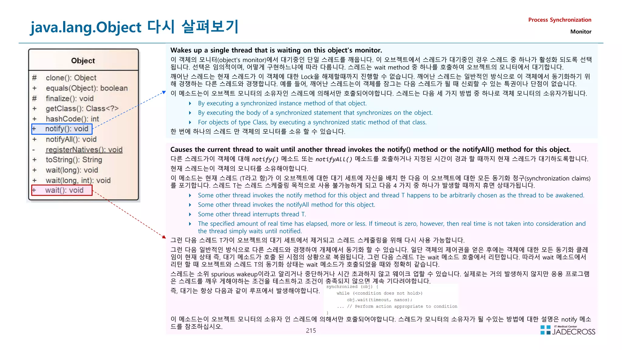 215
java.lang.Object 다시 살펴보기
Process Synchronization
Monitor
Wakes up a single thread that is waiting on this object's monitor.
이 객체의 모니터(object's monitor)에서 대기중인 단일 스레드를 깨웁니다. 이 오브젝트에서 스레드가 대기중인 경우 스레드 중 하나가 활성화 되도록 선택
됩니다. 선택은 임의적이며, 어떻게 구현하느냐에 따라 다름니다. 스레드는 wait method 중 하나를 호출하여 오브젝트의 모니터에서 대기합니다.
깨어난 스레드는 현재 스레드가 이 객체에 대한 Lock을 해제할때까지 진행할 수 없습니다. 깨어난 스레드는 일반적인 방식으로 이 객체에서 동기화하기 위
해 경쟁하는 다른 스레드와 경쟁합니다. 예를 들어, 깨어난 스레드는이 객체를 잠그는 다음 스레드가 될 때 신뢰할 수 있는 특권이나 단점이 없습니다.
이 메소드는이 오브젝트 모니터의 소유자인 스레드에 의해서만 호출되어야합니다. 스레드는 다음 세 가지 방법 중 하나로 객체 모니터의 소유자가됩니다.
 By executing a synchronized instance method of that object.
 By executing the body of a synchronized statement that synchronizes on the object.
 For objects of type Class, by executing a synchronized static method of that class.
한 번에 하나의 스레드 만 객체의 모니터를 소유 할 수 있습니다.
Causes the current thread to wait until another thread invokes the notify() method or the notifyAll() method for this object.
다른 스레드가이 객체에 대해 notify() 메소드 또는 notifyAll() 메소드를 호출하거나 지정된 시간이 경과 할 때까지 현재 스레드가 대기하도록합니다.
현재 스레드는이 객체의 모니터를 소유해야합니다.
이 메소드는 현재 스레드 (T라고 함)가 이 오브젝트에 대한 대기 세트에 자신을 배치 한 다음 이 오브젝트에 대한 모든 동기화 청구(synchronization claims)
를 포기합니다. 스레드 T는 스레드 스케줄링 목적으로 사용 불가능하게 되고 다음 4 가지 중 하나가 발생할 때까지 휴면 상태가됩니다.
 Some other thread invokes the notify method for this object and thread T happens to be arbitrarily chosen as the thread to be awakened.
 Some other thread invokes the notifyAll method for this object.
 Some other thread interrupts thread T.
 The specified amount of real time has elapsed, more or less. If timeout is zero, however, then real time is not taken into consideration and
the thread simply waits until notified.
그런 다음 스레드 T가이 오브젝트의 대기 세트에서 제거되고 스레드 스케줄링을 위해 다시 사용 가능합니다.
그런 다음 일반적인 방식으로 다른 스레드와 경쟁하여 개체에서 동기화 할 수 있습니다. 일단 객체의 제어권을 얻은 후에는 객체에 대한 모든 동기화 클레
임이 현재 상태 즉, 대기 메소드가 호출 된 시점의 상황으로 복원됩니다. 그런 다음 스레드 T는 wait 메소드 호출에서 리턴합니다. 따라서 wait 메소드에서
리턴 할 때 오브젝트와 스레드 T의 동기화 상태는 wait 메소드가 호출되었을 때와 정확히 같습니다.
스레드는 소위 spurious wakeup이라고 알리거나 중단하거나 시간 초과하지 않고 웨이크 업할 수 있습니다. 실제로는 거의 발생하지 않지만 응용 프로그램
은 스레드를 깨우 게해야하는 조건을 테스트하고 조건이 충족되지 않으면 계속 기다려야합니다.
즉, 대기는 항상 다음과 같이 루프에서 발생해야합니다.
이 메소드는이 오브젝트 모니터의 소유자 인 스레드에 의해서만 호출되어야합니다. 스레드가 모니터의 소유자가 될 수있는 방법에 대한 설명은 notify 메소
드를 참조하십시오.
 