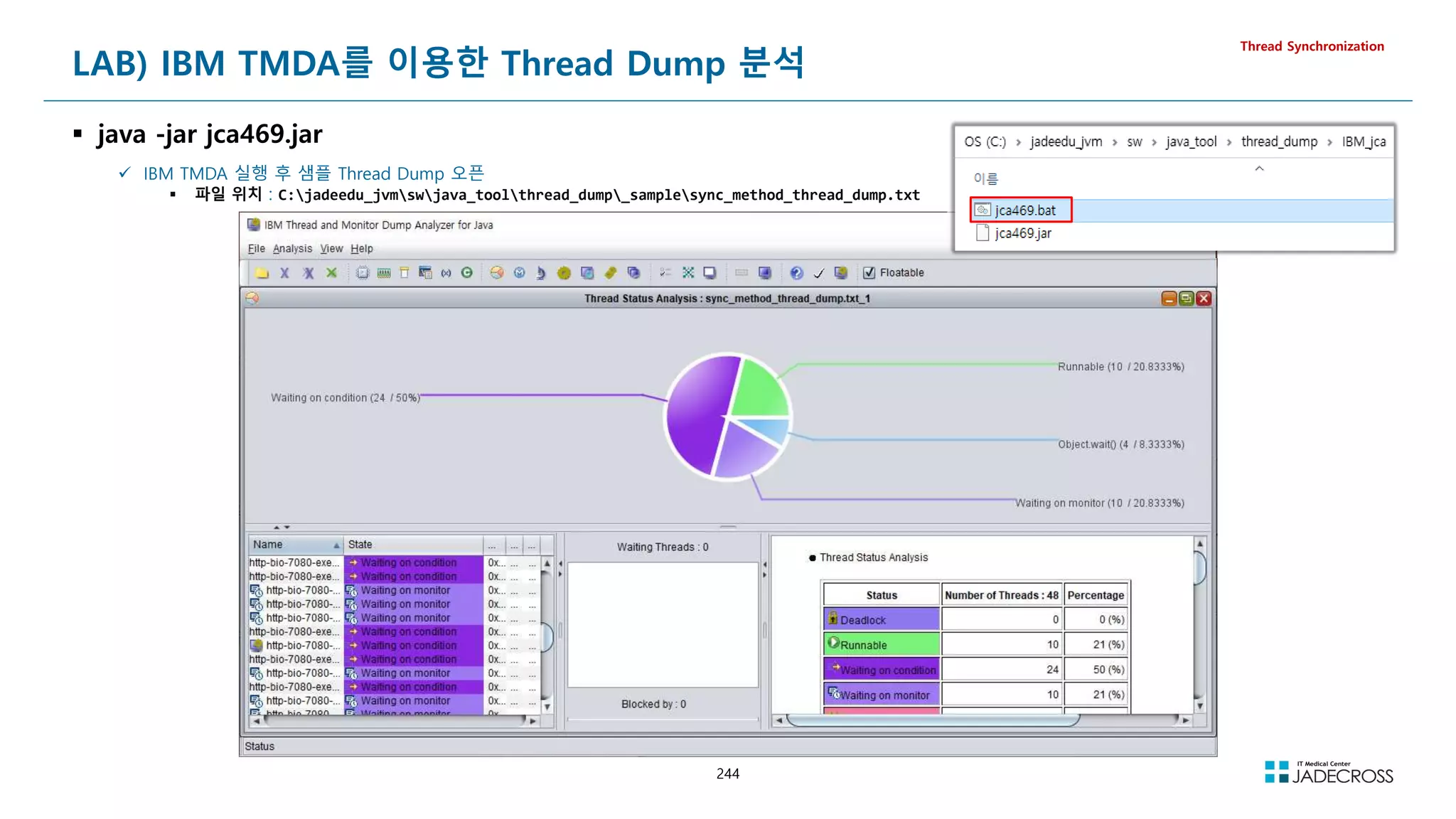 244
LAB) IBM TMDA를 이용한 Thread Dump 분석
 java -jar jca469.jar
Thread Synchronization
 IBM TMDA 실행 후 샘플 Thread Dump 오픈
 파일 위치 : C:jadeedu_jvmswjava_toolthread_dump_samplesync_method_thread_dump.txt
 