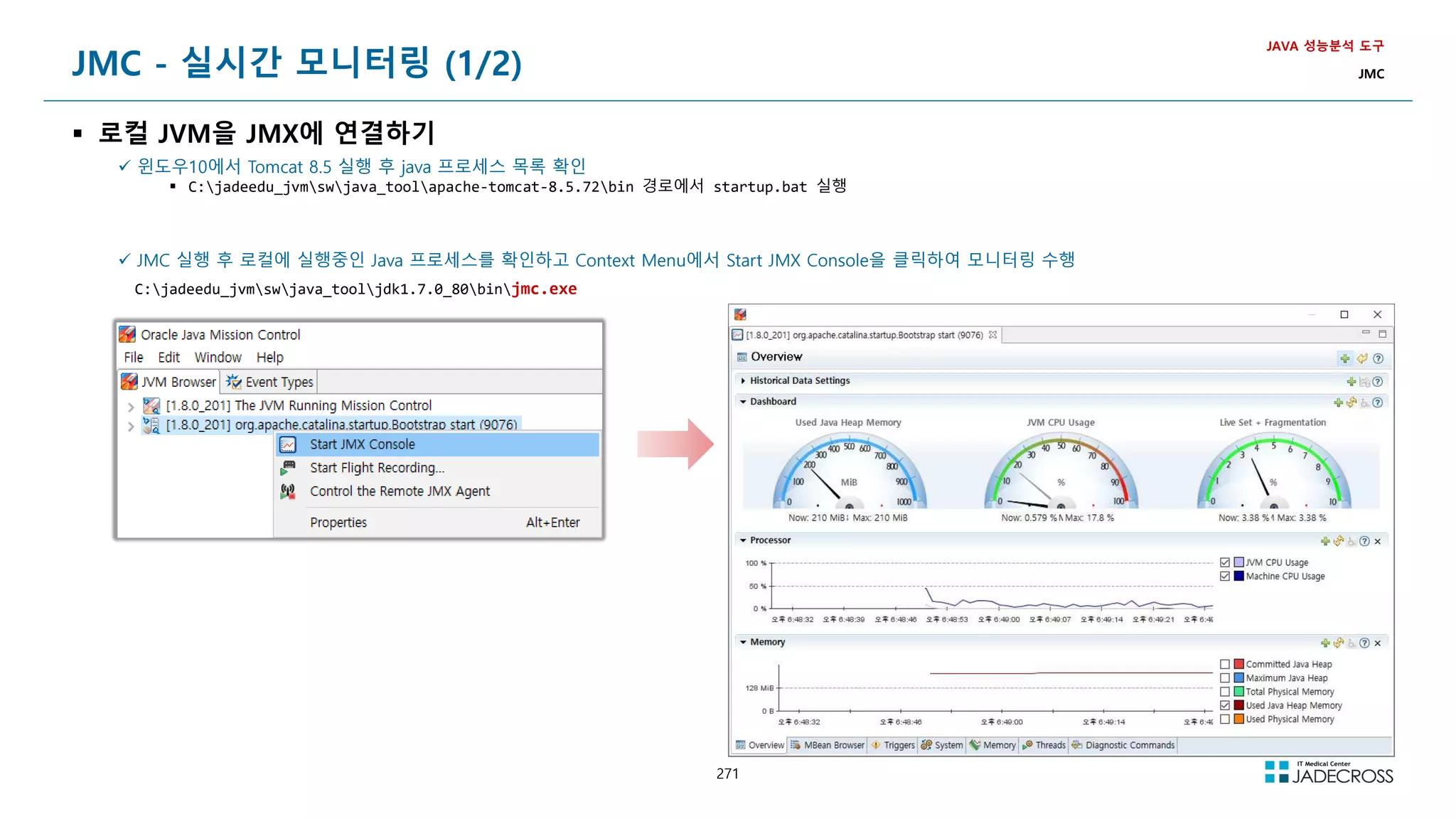 271
JMC - 실시간 모니터링 (1/2)
 로컬 JVM을 JMX에 연결하기
JAVA 성능분석 도구
JMC
 윈도우10에서 Tomcat 8.5 실행 후 java 프로세스 목록 확인
 C:jadeedu_jvmswjava_toolapache-tomcat-8.5.72bin 경로에서 startup.bat 실행
 JMC 실행 후 로컬에 실행중인 Java 프로세스를 확인하고 Context Menu에서 Start JMX Console을 클릭하여 모니터링 수행
C:jadeedu_jvmswjava_tooljdk1.7.0_80binjmc.exe
 