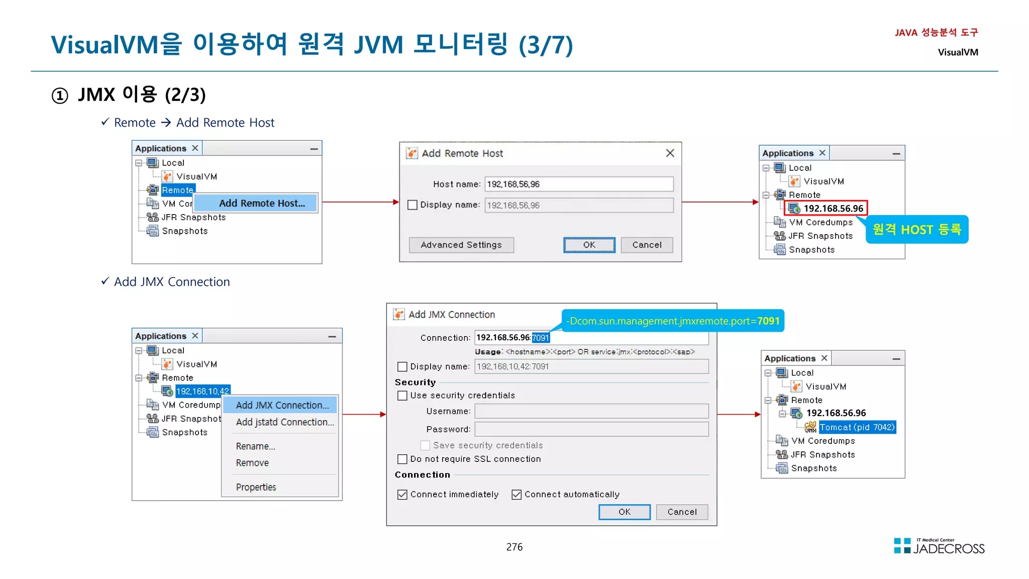 276
VisualVM을 이용하여 원격 JVM 모니터링 (3/7)
① JMX 이용 (2/3)
JAVA 성능분석 도구
VisualVM
 Remote  Add Remote Host
 Add JMX Connection
-Dcom.sun.management.jmxremote.port=7091
원격 HOST 등록
192.168.56.96
192.168.56.96
192.168.56.96
 