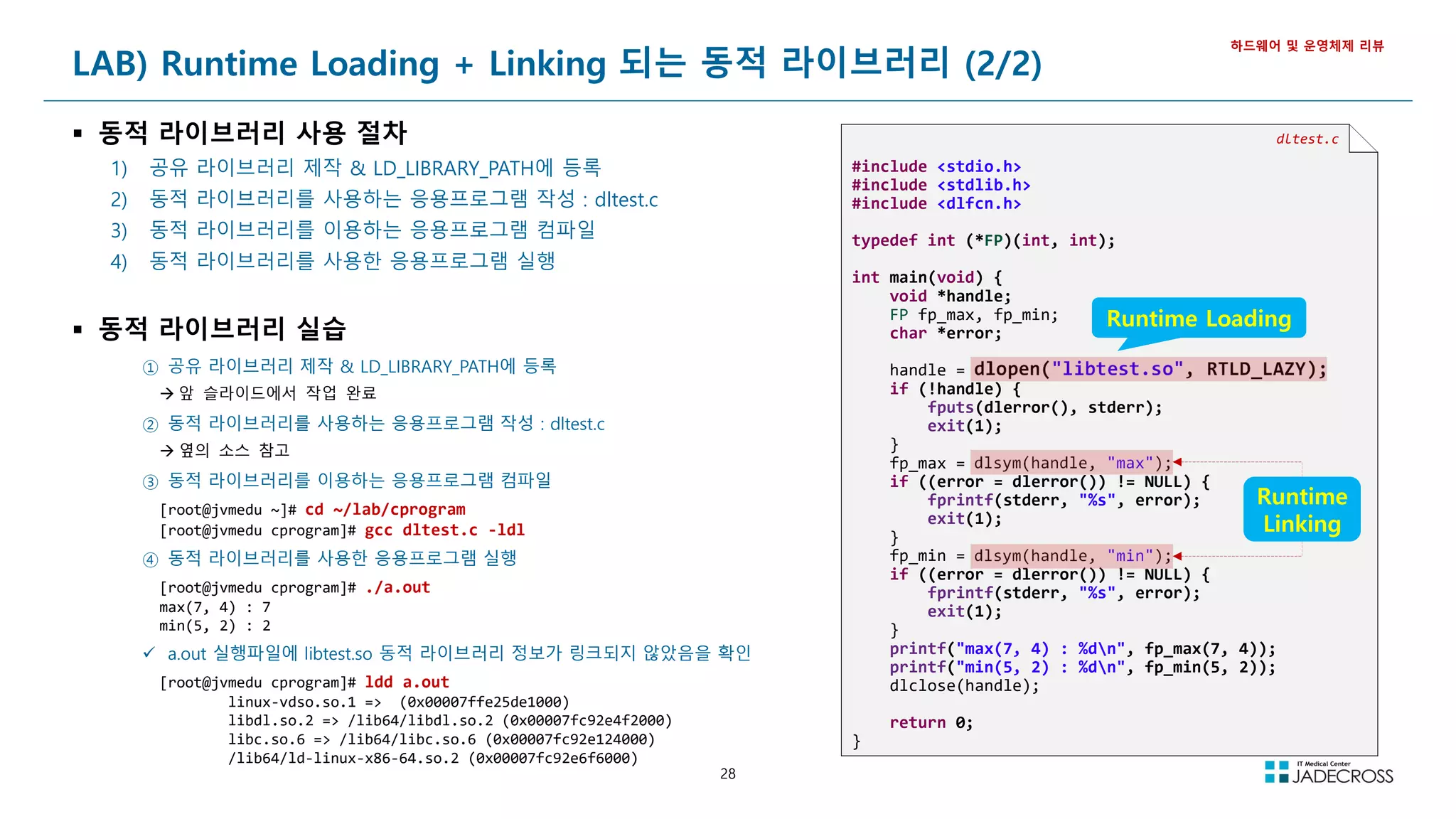 28
LAB) Runtime Loading + Linking 되는 동적 라이브러리 (2/2)
 동적 라이브러리 사용 절차
1) 공유 라이브러리 제작 & LD_LIBRARY_PATH에 등록
2) 동적 라이브러리를 사용하는 응용프로그램 작성 : dltest.c
3) 동적 라이브러리를 이용하는 응용프로그램 컴파일
4) 동적 라이브러리를 사용한 응용프로그램 실행
 동적 라이브러리 실습
하드웨어 및 운영체제 리뷰
dltest.c
#include <stdio.h>
#include <stdlib.h>
#include <dlfcn.h>
typedef int (*FP)(int, int);
int main(void) {
void *handle;
FP fp_max, fp_min;
char *error;
handle = dlopen("libtest.so", RTLD_LAZY);
if (!handle) {
fputs(dlerror(), stderr);
exit(1);
}
fp_max = dlsym(handle, "max");
if ((error = dlerror()) != NULL) {
fprintf(stderr, "%s", error);
exit(1);
}
fp_min = dlsym(handle, "min");
if ((error = dlerror()) != NULL) {
fprintf(stderr, "%s", error);
exit(1);
}
printf("max(7, 4) : %dn", fp_max(7, 4));
printf("min(5, 2) : %dn", fp_min(5, 2));
dlclose(handle);
return 0;
}
① 공유 라이브러리 제작 & LD_LIBRARY_PATH에 등록
 앞 슬라이드에서 작업 완료
② 동적 라이브러리를 사용하는 응용프로그램 작성 : dltest.c
 옆의 소스 참고
③ 동적 라이브러리를 이용하는 응용프로그램 컴파일
[root@jvmedu ~]# cd ~/lab/cprogram
[root@jvmedu cprogram]# gcc dltest.c -ldl
④ 동적 라이브러리를 사용한 응용프로그램 실행
[root@jvmedu cprogram]# ./a.out
max(7, 4) : 7
min(5, 2) : 2
 a.out 실행파일에 libtest.so 동적 라이브러리 정보가 링크되지 않았음을 확인
[root@jvmedu cprogram]# ldd a.out
linux-vdso.so.1 => (0x00007ffe25de1000)
libdl.so.2 => /lib64/libdl.so.2 (0x00007fc92e4f2000)
libc.so.6 => /lib64/libc.so.6 (0x00007fc92e124000)
/lib64/ld-linux-x86-64.so.2 (0x00007fc92e6f6000)
Runtime Loading
Runtime
Linking
 
