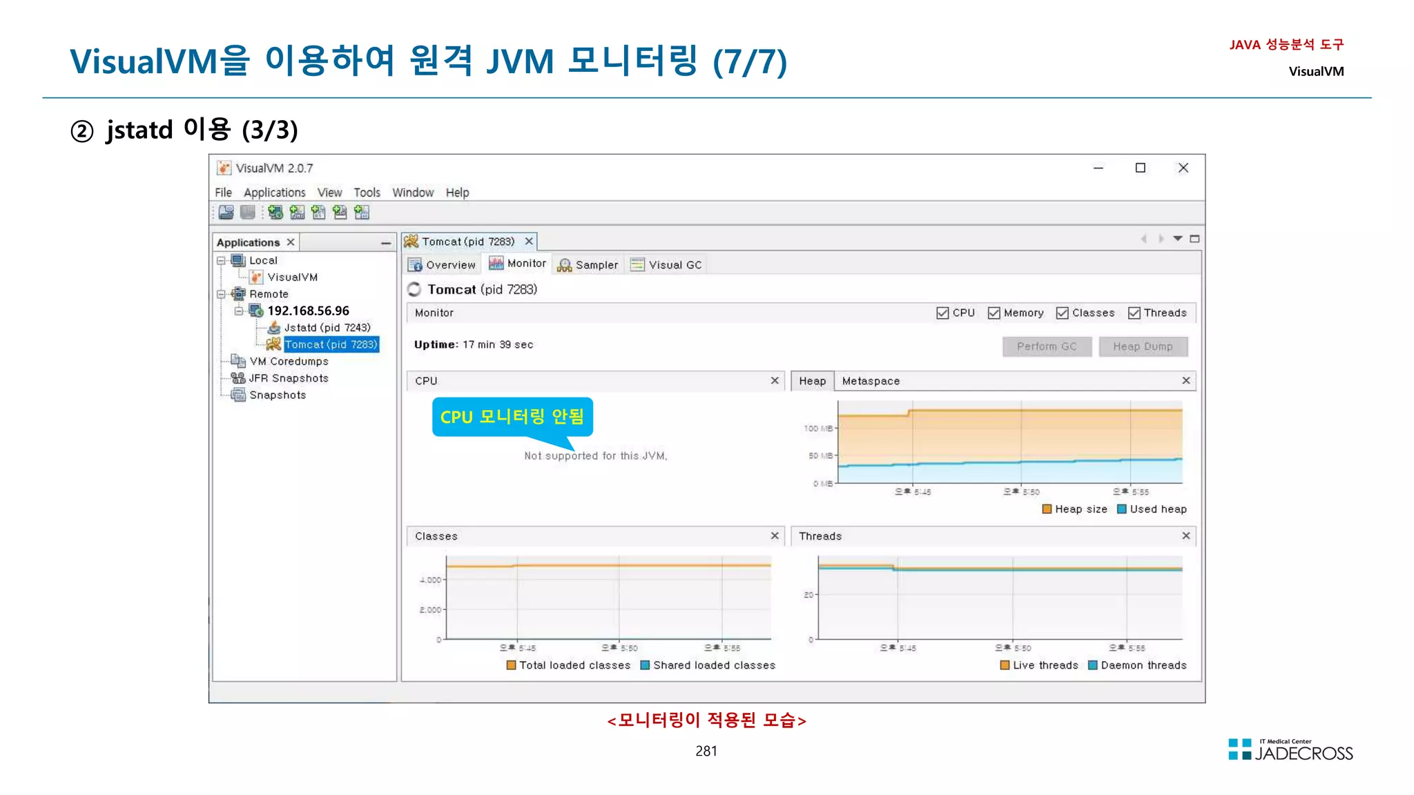 281
VisualVM을 이용하여 원격 JVM 모니터링 (7/7)
② jstatd 이용 (3/3)
JAVA 성능분석 도구
VisualVM
CPU 모니터링 안됨
192.168.56.96
모니터링이 적용된 모습
 