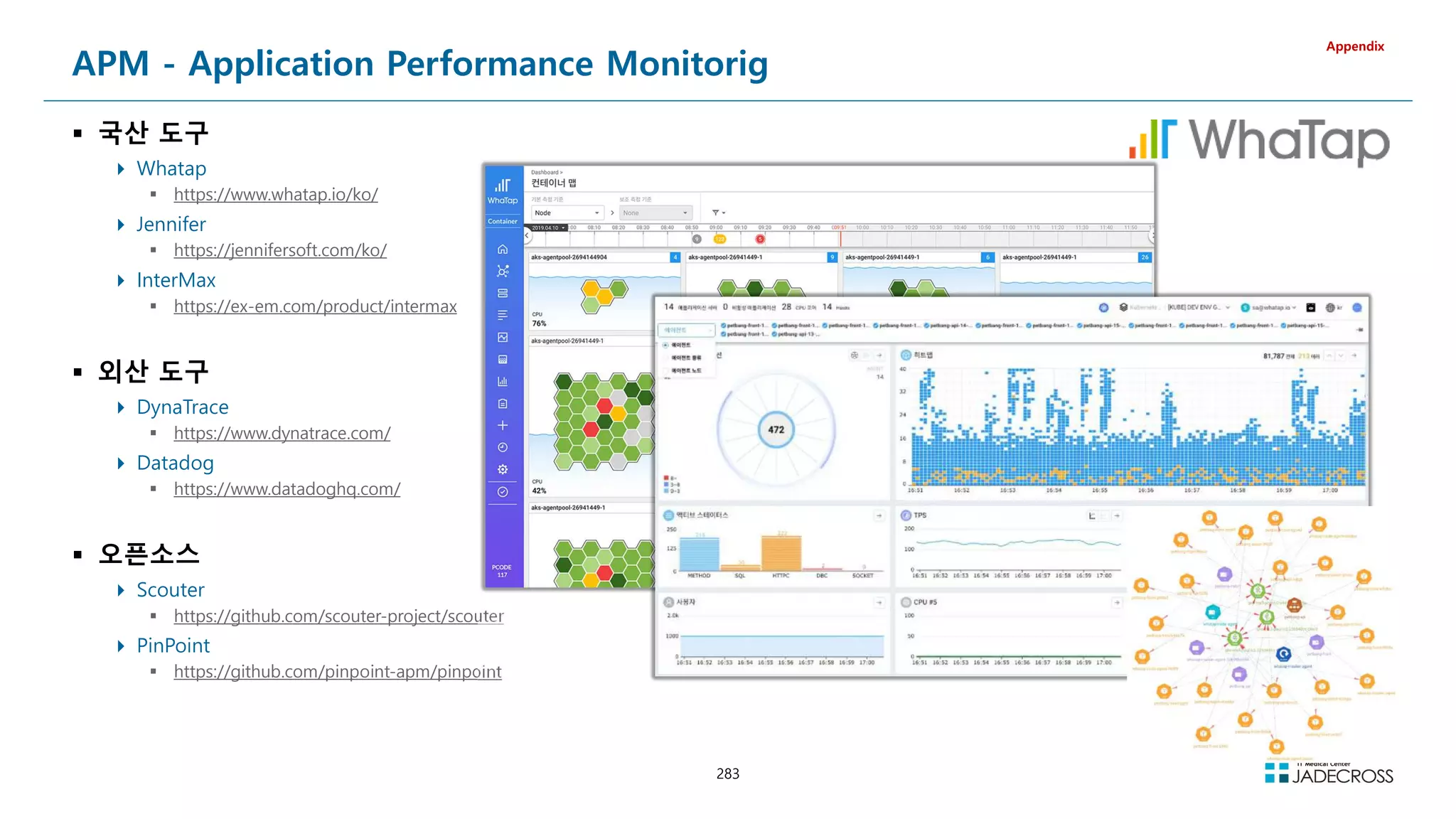 283
APM - Application Performance Monitorig
 국산 도구
 Whatap
 https://www.whatap.io/ko/
 Jennifer
 https://jennifersoft.com/ko/
 InterMax
 https://ex-em.com/product/intermax
 외산 도구
 DynaTrace
 https://www.dynatrace.com/
 Datadog
 https://www.datadoghq.com/
 오픈소스
 Scouter
 https://github.com/scouter-project/scouter
 PinPoint
 https://github.com/pinpoint-apm/pinpoint
Appendix
 