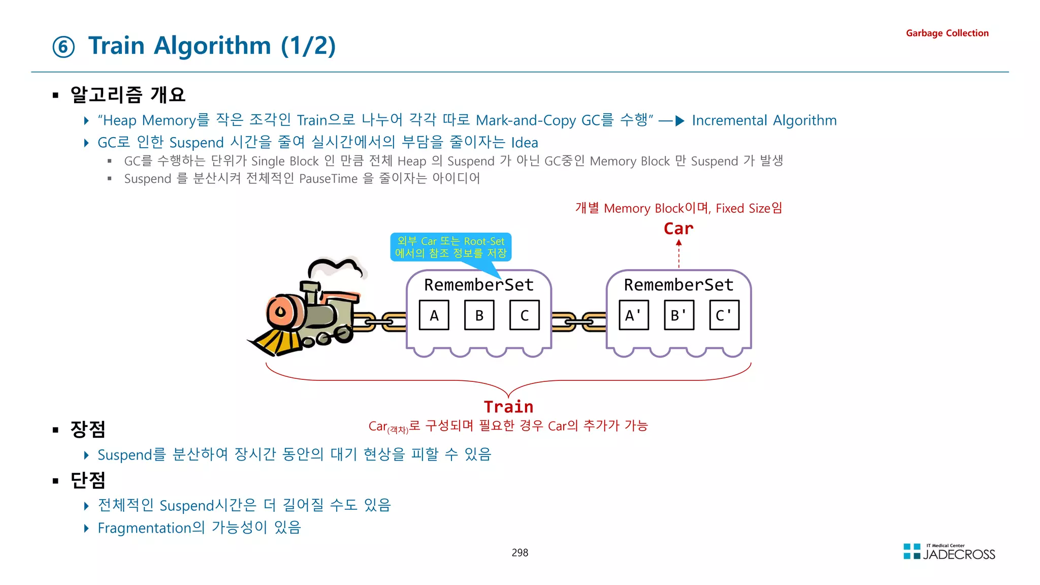 298
⑥ Train Algorithm (1/2)
 알고리즘 개요
 “Heap Memory를 작은 조각인 Train으로 나누어 각각 따로 Mark-and-Copy GC를 수행” ―▶ Incremental Algorithm
 GC로 인한 Suspend 시간을 줄여 실시간에서의 부담을 줄이자는 Idea
 GC를 수행하는 단위가 Single Block 인 만큼 전체 Heap 의 Suspend 가 아닌 GC중인 Memory Block 만 Suspend 가 발생
 Suspend 를 분산시켜 전체적인 PauseTime 을 줄이자는 아이디어
Garbage Collection
RememberSet
A B C
RememberSet
A' B' C'
Train
Car
개별 Memory Block이며, Fixed Size임
Car(객차)로 구성되며 필요한 경우 Car의 추가가 가능
외부 Car 또는 Root-Set
에서의 참조 정보를 저장
 장점
 Suspend를 분산하여 장시간 동안의 대기 현상을 피할 수 있음
 단점
 전체적인 Suspend시간은 더 길어질 수도 있음
 Fragmentation의 가능성이 있음
 
