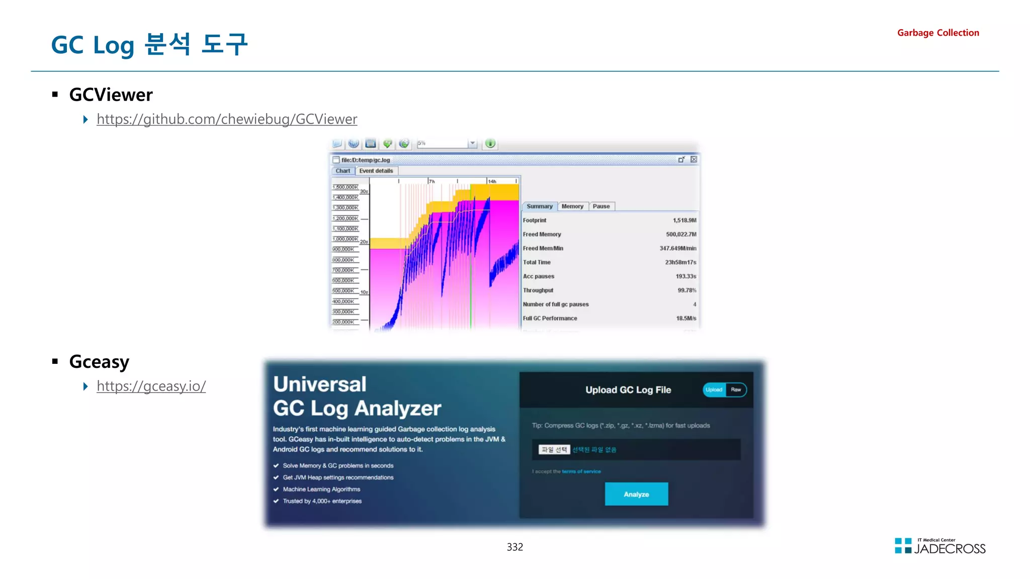 332
GC Log 분석 도구
 GCViewer
 https://github.com/chewiebug/GCViewer
Garbage Collection
 Gceasy
 https://gceasy.io/
 