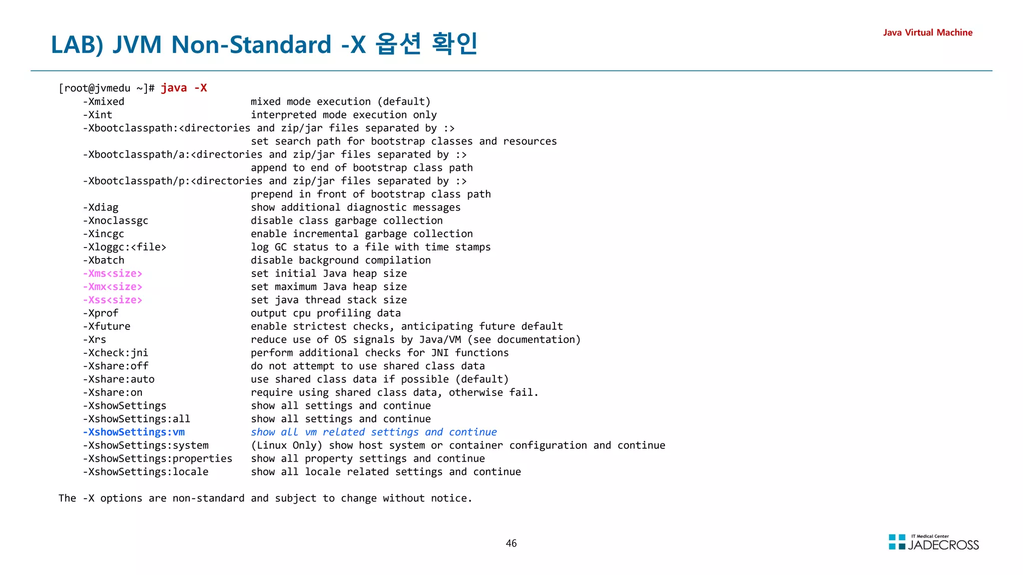 46
LAB) JVM Non-Standard -X 옵션 확인
Java Virtual Machine
[root@jvmedu ~]# java -X
-Xmixed mixed mode execution (default)
-Xint interpreted mode execution only
-Xbootclasspath:directories and zip/jar files separated by :
set search path for bootstrap classes and resources
-Xbootclasspath/a:directories and zip/jar files separated by :
append to end of bootstrap class path
-Xbootclasspath/p:directories and zip/jar files separated by :
prepend in front of bootstrap class path
-Xdiag show additional diagnostic messages
-Xnoclassgc disable class garbage collection
-Xincgc enable incremental garbage collection
-Xloggc:file log GC status to a file with time stamps
-Xbatch disable background compilation
-Xmssize set initial Java heap size
-Xmxsize set maximum Java heap size
-Xsssize set java thread stack size
-Xprof output cpu profiling data
-Xfuture enable strictest checks, anticipating future default
-Xrs reduce use of OS signals by Java/VM (see documentation)
-Xcheck:jni perform additional checks for JNI functions
-Xshare:off do not attempt to use shared class data
-Xshare:auto use shared class data if possible (default)
-Xshare:on require using shared class data, otherwise fail.
-XshowSettings show all settings and continue
-XshowSettings:all show all settings and continue
-XshowSettings:vm show all vm related settings and continue
-XshowSettings:system (Linux Only) show host system or container configuration and continue
-XshowSettings:properties show all property settings and continue
-XshowSettings:locale show all locale related settings and continue
The -X options are non-standard and subject to change without notice.
 