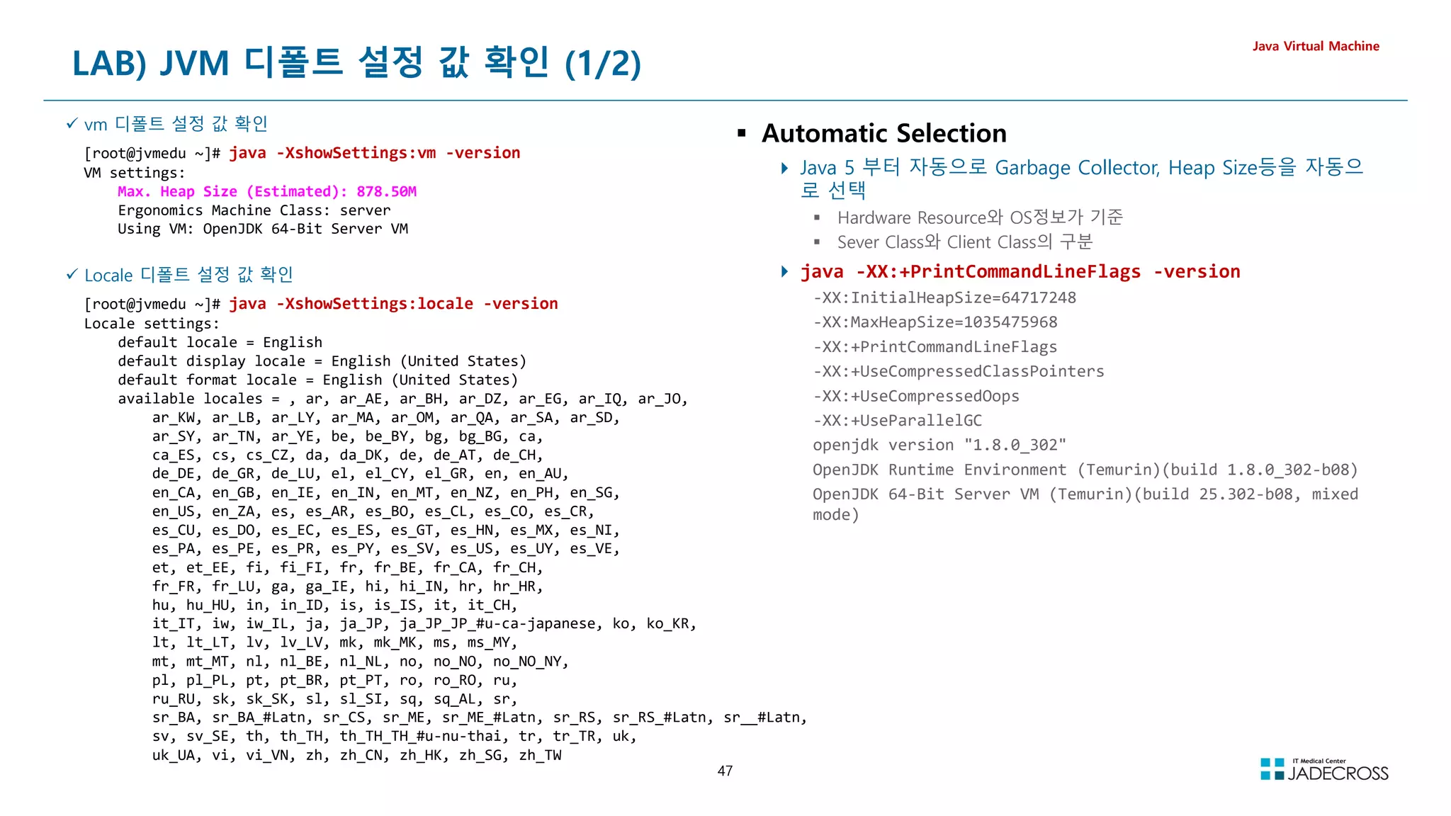 47
LAB) JVM 디폴트 설정 값 확인 (1/2)
Java Virtual Machine
 vm 디폴트 설정 값 확인
[root@jvmedu ~]# java -XshowSettings:vm -version
VM settings:
Max. Heap Size (Estimated): 878.50M
Ergonomics Machine Class: server
Using VM: OpenJDK 64-Bit Server VM
 Locale 디폴트 설정 값 확인
[root@jvmedu ~]# java -XshowSettings:locale -version
Locale settings:
default locale = English
default display locale = English (United States)
default format locale = English (United States)
available locales = , ar, ar_AE, ar_BH, ar_DZ, ar_EG, ar_IQ, ar_JO,
ar_KW, ar_LB, ar_LY, ar_MA, ar_OM, ar_QA, ar_SA, ar_SD,
ar_SY, ar_TN, ar_YE, be, be_BY, bg, bg_BG, ca,
ca_ES, cs, cs_CZ, da, da_DK, de, de_AT, de_CH,
de_DE, de_GR, de_LU, el, el_CY, el_GR, en, en_AU,
en_CA, en_GB, en_IE, en_IN, en_MT, en_NZ, en_PH, en_SG,
en_US, en_ZA, es, es_AR, es_BO, es_CL, es_CO, es_CR,
es_CU, es_DO, es_EC, es_ES, es_GT, es_HN, es_MX, es_NI,
es_PA, es_PE, es_PR, es_PY, es_SV, es_US, es_UY, es_VE,
et, et_EE, fi, fi_FI, fr, fr_BE, fr_CA, fr_CH,
fr_FR, fr_LU, ga, ga_IE, hi, hi_IN, hr, hr_HR,
hu, hu_HU, in, in_ID, is, is_IS, it, it_CH,
it_IT, iw, iw_IL, ja, ja_JP, ja_JP_JP_#u-ca-japanese, ko, ko_KR,
lt, lt_LT, lv, lv_LV, mk, mk_MK, ms, ms_MY,
mt, mt_MT, nl, nl_BE, nl_NL, no, no_NO, no_NO_NY,
pl, pl_PL, pt, pt_BR, pt_PT, ro, ro_RO, ru,
ru_RU, sk, sk_SK, sl, sl_SI, sq, sq_AL, sr,
sr_BA, sr_BA_#Latn, sr_CS, sr_ME, sr_ME_#Latn, sr_RS, sr_RS_#Latn, sr__#Latn,
sv, sv_SE, th, th_TH, th_TH_TH_#u-nu-thai, tr, tr_TR, uk,
uk_UA, vi, vi_VN, zh, zh_CN, zh_HK, zh_SG, zh_TW
 Automatic Selection
 Java 5 부터 자동으로 Garbage Collector, Heap Size등을 자동으
로 선택
 Hardware Resource와 OS정보가 기준
 Sever Class와 Client Class의 구분
 java -XX:+PrintCommandLineFlags -version
-XX:InitialHeapSize=64717248
-XX:MaxHeapSize=1035475968
-XX:+PrintCommandLineFlags
-XX:+UseCompressedClassPointers
-XX:+UseCompressedOops
-XX:+UseParallelGC
openjdk version 1.8.0_302
OpenJDK Runtime Environment (Temurin)(build 1.8.0_302-b08)
OpenJDK 64-Bit Server VM (Temurin)(build 25.302-b08, mixed
mode)
 