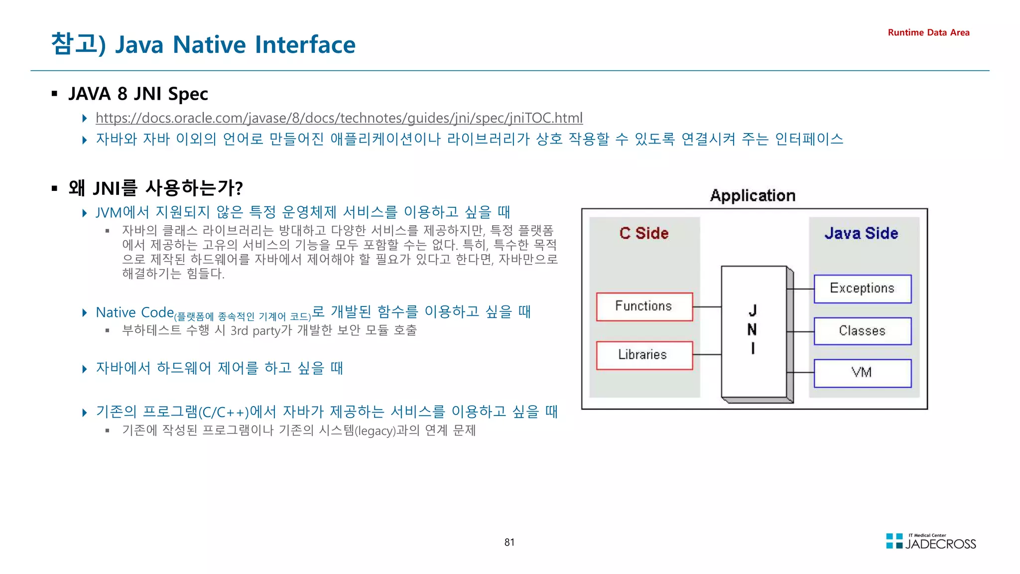 81
참고) Java Native Interface
 JAVA 8 JNI Spec
 https://docs.oracle.com/javase/8/docs/technotes/guides/jni/spec/jniTOC.html
 자바와 자바 이외의 언어로 만들어진 애플리케이션이나 라이브러리가 상호 작용할 수 있도록 연결시켜 주는 인터페이스
Runtime Data Area
 왜 JNI를 사용하는가?
 JVM에서 지원되지 않은 특정 운영체제 서비스를 이용하고 싶을 때
 자바의 클래스 라이브러리는 방대하고 다양한 서비스를 제공하지만, 특정 플랫폼
에서 제공하는 고유의 서비스의 기능을 모두 포함할 수는 없다. 특히, 특수한 목적
으로 제작된 하드웨어를 자바에서 제어해야 할 필요가 있다고 한다면, 자바만으로
해결하기는 힘들다.
 Native Code(플랫폼에 종속적인 기계어 코드)로 개발된 함수를 이용하고 싶을 때
 부하테스트 수행 시 3rd party가 개발한 보안 모듈 호출
 자바에서 하드웨어 제어를 하고 싶을 때
 기존의 프로그램(C/C++)에서 자바가 제공하는 서비스를 이용하고 싶을 때
 기존에 작성된 프로그램이나 기존의 시스템(legacy)과의 연계 문제
 