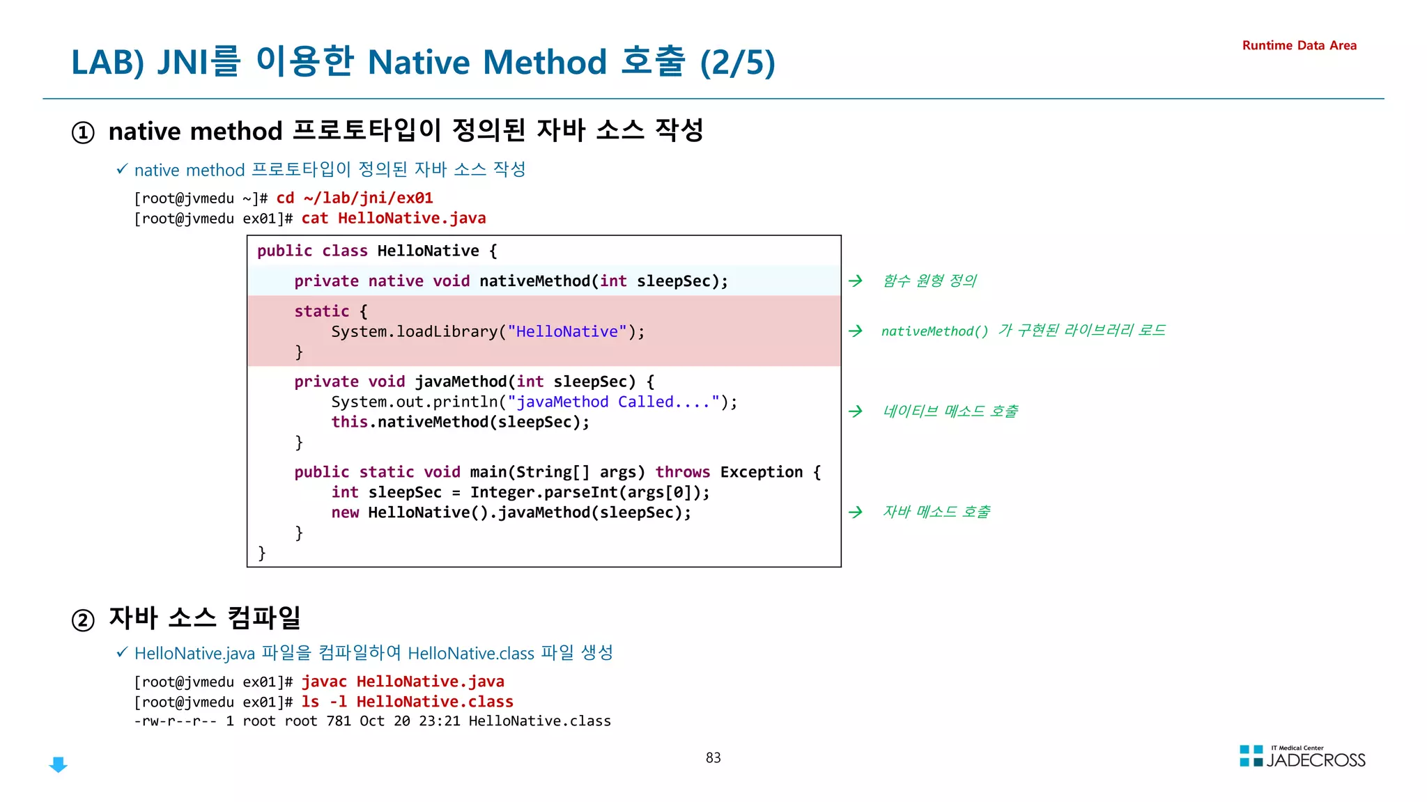 83
LAB) JNI를 이용한 Native Method 호출 (2/5)
① native method 프로토타입이 정의된 자바 소스 작성
Runtime Data Area
 native method 프로토타입이 정의된 자바 소스 작성
[root@jvmedu ~]# cd ~/lab/jni/ex01
[root@jvmedu ex01]# cat HelloNative.java
public class HelloNative {
private native void nativeMethod(int sleepSec);  함수 원형 정의
static {
System.loadLibrary(HelloNative);
}
 nativeMethod() 가 구현된 라이브러리 로드
private void javaMethod(int sleepSec) {
System.out.println(javaMethod Called....);
this.nativeMethod(sleepSec);
}
 네이티브 메소드 호출
public static void main(String[] args) throws Exception {
int sleepSec = Integer.parseInt(args[0]);
new HelloNative().javaMethod(sleepSec);
}
}
 자바 메소드 호출
② 자바 소스 컴파일
 HelloNative.java 파일을 컴파일하여 HelloNative.class 파일 생성
[root@jvmedu ex01]# javac HelloNative.java
[root@jvmedu ex01]# ls -l HelloNative.class
-rw-r--r-- 1 root root 781 Oct 20 23:21 HelloNative.class
 