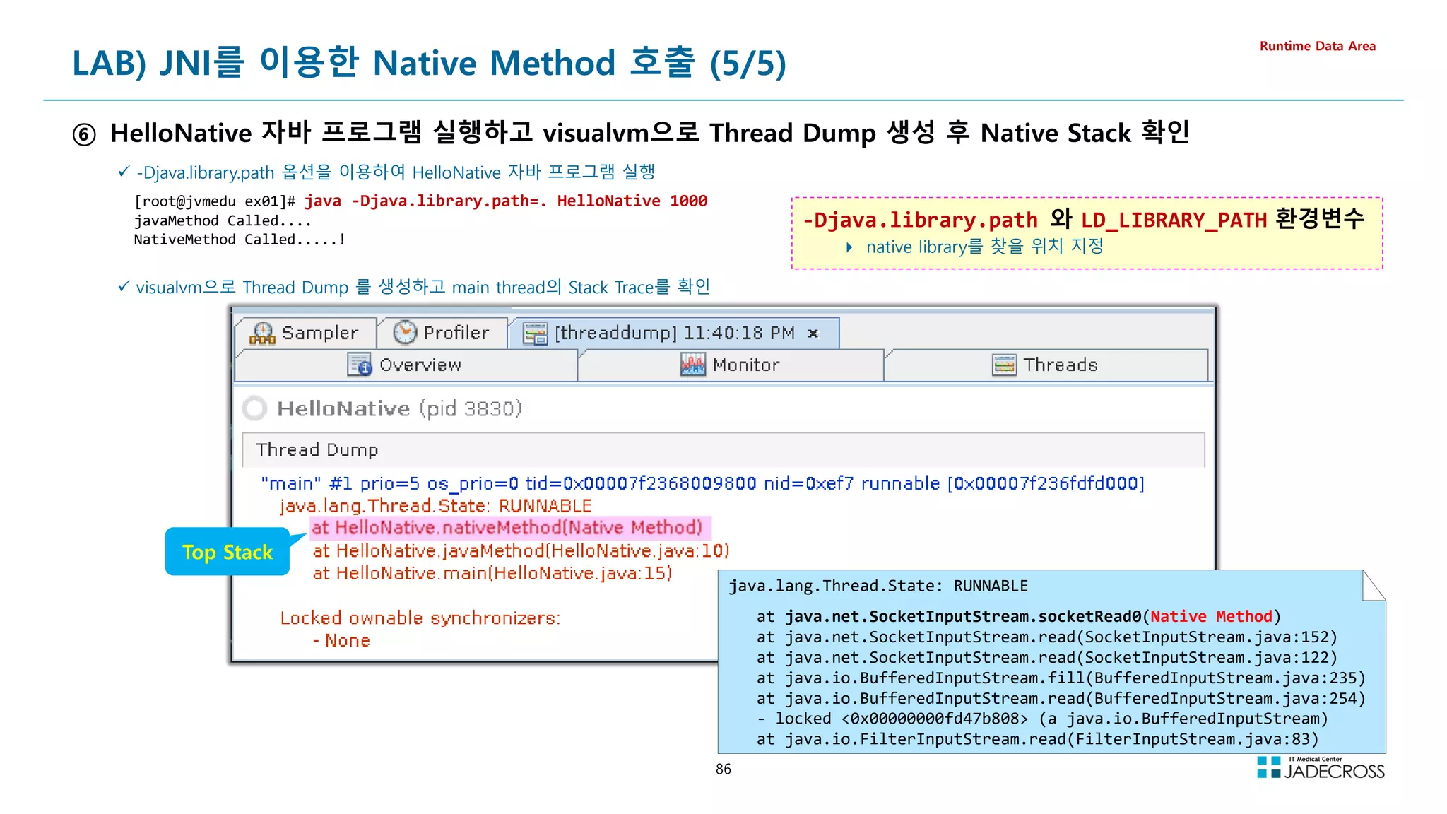 86
LAB) JNI를 이용한 Native Method 호출 (5/5)
⑥ HelloNative 자바 프로그램 실행하고 visualvm으로 Thread Dump 생성 후 Native Stack 확인
Runtime Data Area
 -Djava.library.path 옵션을 이용하여 HelloNative 자바 프로그램 실행
[root@jvmedu ex01]# java -Djava.library.path=. HelloNative 1000
javaMethod Called....
NativeMethod Called.....!
 visualvm으로 Thread Dump 를 생성하고 main thread의 Stack Trace를 확인
Top Stack
-Djava.library.path 와 LD_LIBRARY_PATH 환경변수
 native library를 찾을 위치 지정
java.lang.Thread.State: RUNNABLE
at java.net.SocketInputStream.socketRead0(Native Method)
at java.net.SocketInputStream.read(SocketInputStream.java:152)
at java.net.SocketInputStream.read(SocketInputStream.java:122)
at java.io.BufferedInputStream.fill(BufferedInputStream.java:235)
at java.io.BufferedInputStream.read(BufferedInputStream.java:254)
- locked 0x00000000fd47b808 (a java.io.BufferedInputStream)
at java.io.FilterInputStream.read(FilterInputStream.java:83)
 