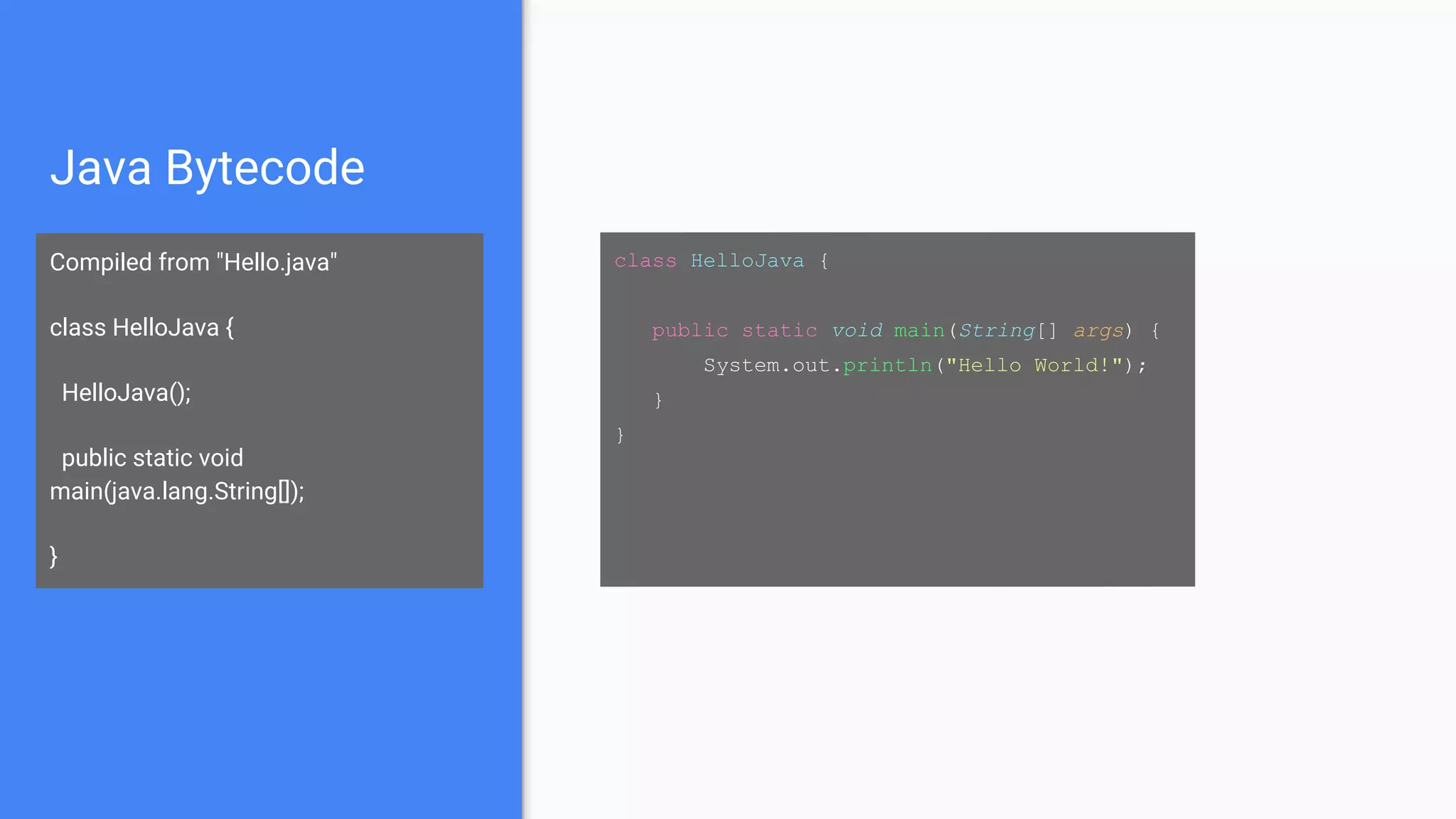 Java Bytecode
Compiled from "Hello.java"
class HelloJava {
HelloJava();
public static void
main(java.lang.String[]);
}
class HelloJava {
public static void main(String[] args) {
System.out.println("Hello World!");
}
}
 