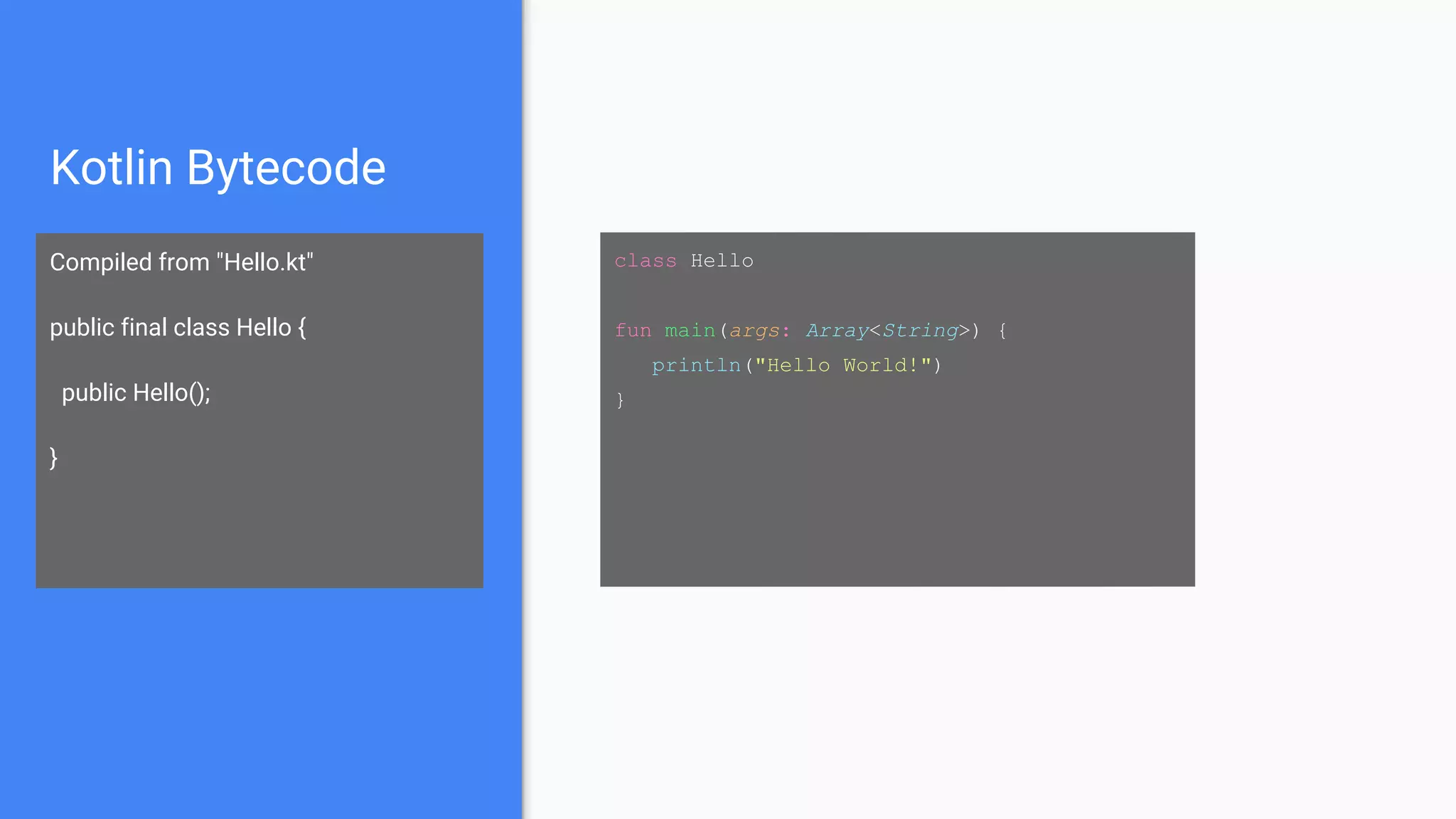 Kotlin Bytecode
Compiled from "Hello.kt"
public final class Hello {
public Hello();
}
class Hello
fun main(args: Array<String>) {
println("Hello World!")
}
 