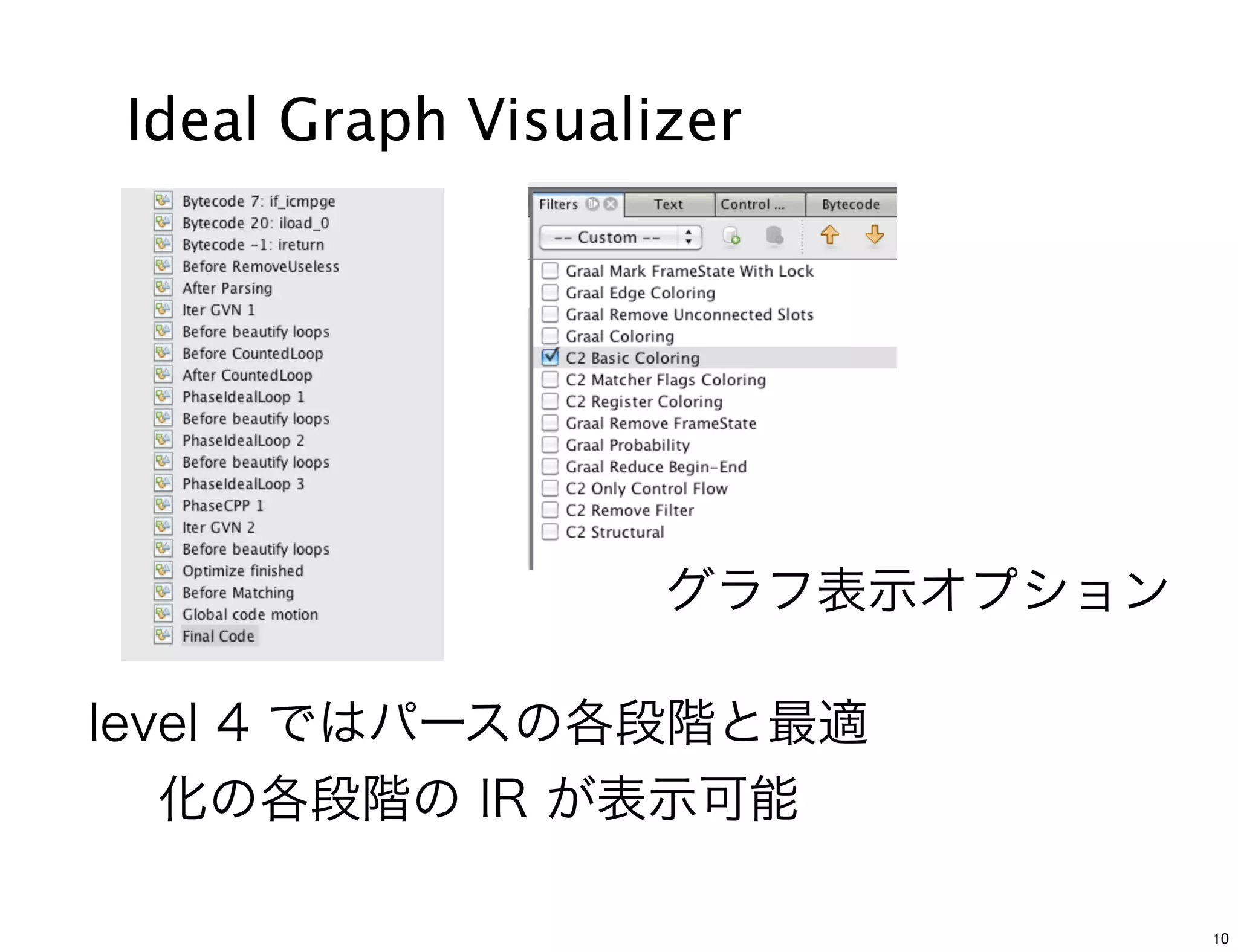 Ideal Graph Visualizer




                   グラフ表示オプション

level 4 ではパースの各段階と最適
   化の各段階の IR が表示可能

                                10
 