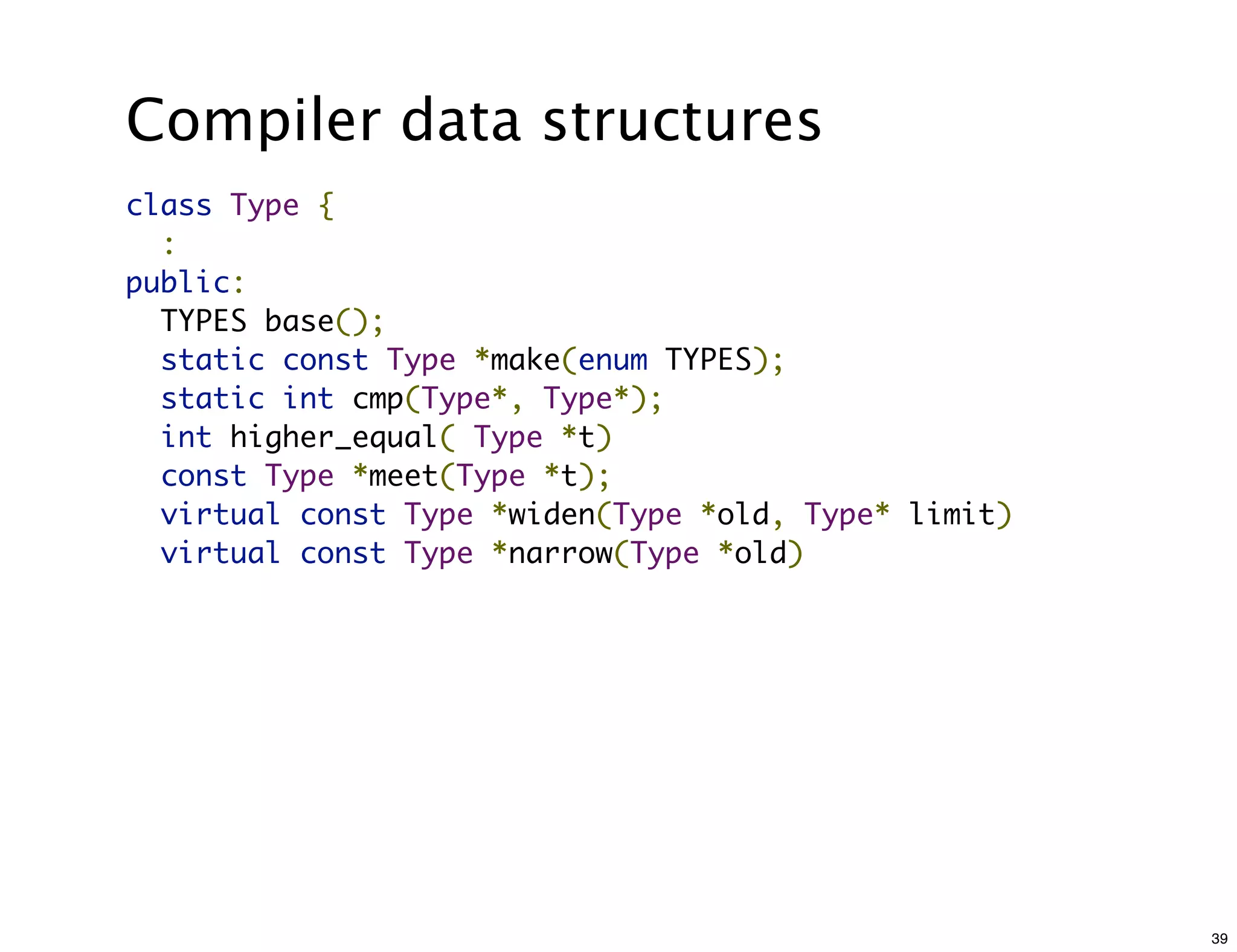 Compiler data structures
class Type {
  :
public:
  TYPES base();
  static const Type *make(enum TYPES);
  static int cmp(Type*, Type*);
  int higher_equal( Type *t)
  const Type *meet(Type *t);
  virtual const Type *widen(Type *old, Type* limit)
  virtual const Type *narrow(Type *old)




                                                      39
 