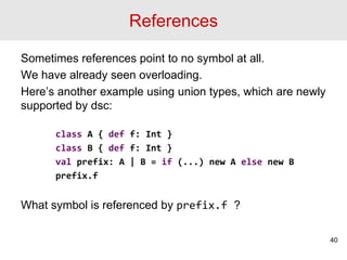 References
Sometimes references point to no symbol at all.
We have already seen overloading.
Here’s another example using union types, which are newly
supported by dsc:
class A { def f: Int }
class B { def f: Int }
val prefix: A | B = if (...) new A else new B
prefix.f
What symbol is referenced by prefix.f ?
40
 