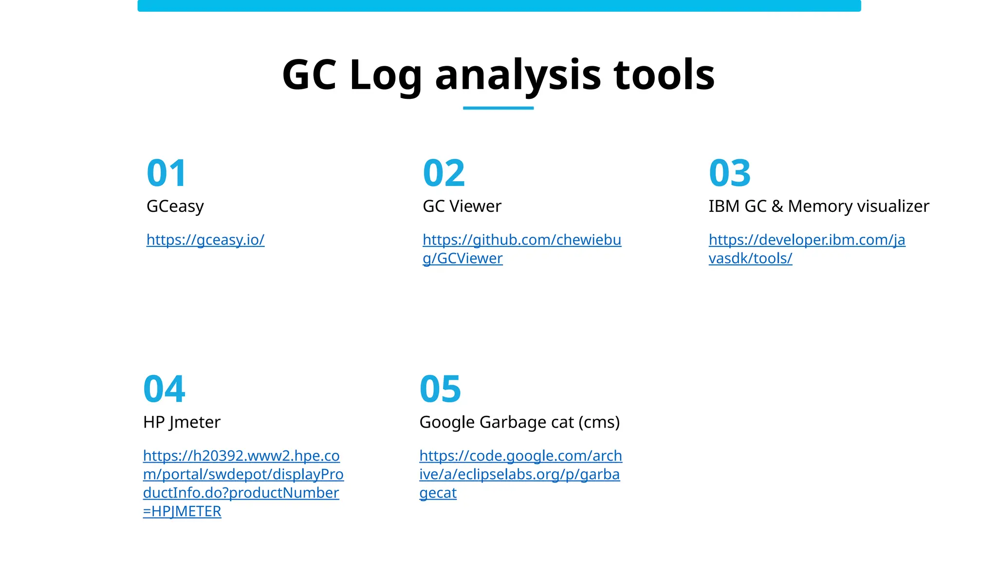 GC Log analysis tools
https://developer.ibm.com/ja
vasdk/tools/
IBM GC & Memory visualizer
GC Viewer
https://github.com/chewiebu
g/GCViewer
GCeasy
https://gceasy.io/
Google Garbage cat (cms)
https://code.google.com/arch
ive/a/eclipselabs.org/p/garba
gecat
HP Jmeter
https://h20392.www2.hpe.co
m/portal/swdepot/displayPro
ductInfo.do?productNumber
=HPJMETER
03
02
01
05
04
 