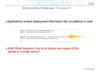 Data Isolation Challenges: Example #1




■   Applications embed deployment information like url patterns in code




■   Wait! What happens if we try to deploy two copies of this
    servlet to a single server?




                                                                © 2012 IBM Corporation
 