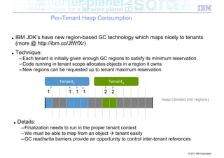 Per-Tenant Heap Consumption


■   IBM JDK’s have new region-based GC technology which maps nicely to tenants
    (more @ http://ibm.co/JtWfXr)
■   Technique:
        – Each tenant is initially given enough GC regions to satisfy its minimum reservation
        – Code running in tenant scope allocates objects in a region it owns
        – New regions can be requested up to tenant maximum reservation

                           Tenant1                 Tenant2

                     1          1 1 1            2 2
                                                                            heap (divided into regions)




    ■   Details:
         – Finalization needs to run in the proper tenant context
         – We must be able to map from an object à tenant easily
         – GC read/write barriers provide an opportunity to control inter-tenant references

                                                                                           © 2012 IBM Corporation
 