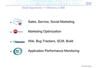 SaaS Opportunity == Efficiency is $$$




■        Sales, Service, Social Marketing


■        Marketing Optimization


■        Wiki, Bug Trackers, SCM, Build


■        Application Performance Monitoring



                                              © 2012 IBM Corporation
 