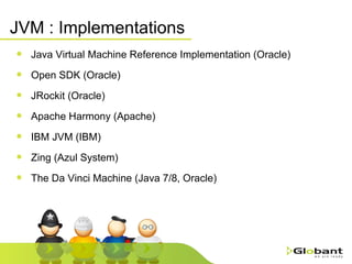JVM : Implementations Java Virtual Machine Reference Implementation (Oracle) Open SDK (Oracle) JRockit (Oracle) Apache Harmony (Apache) IBM JVM (IBM) Zing (Azul System) The Da Vinci Machine (Java 7/8, Oracle) 