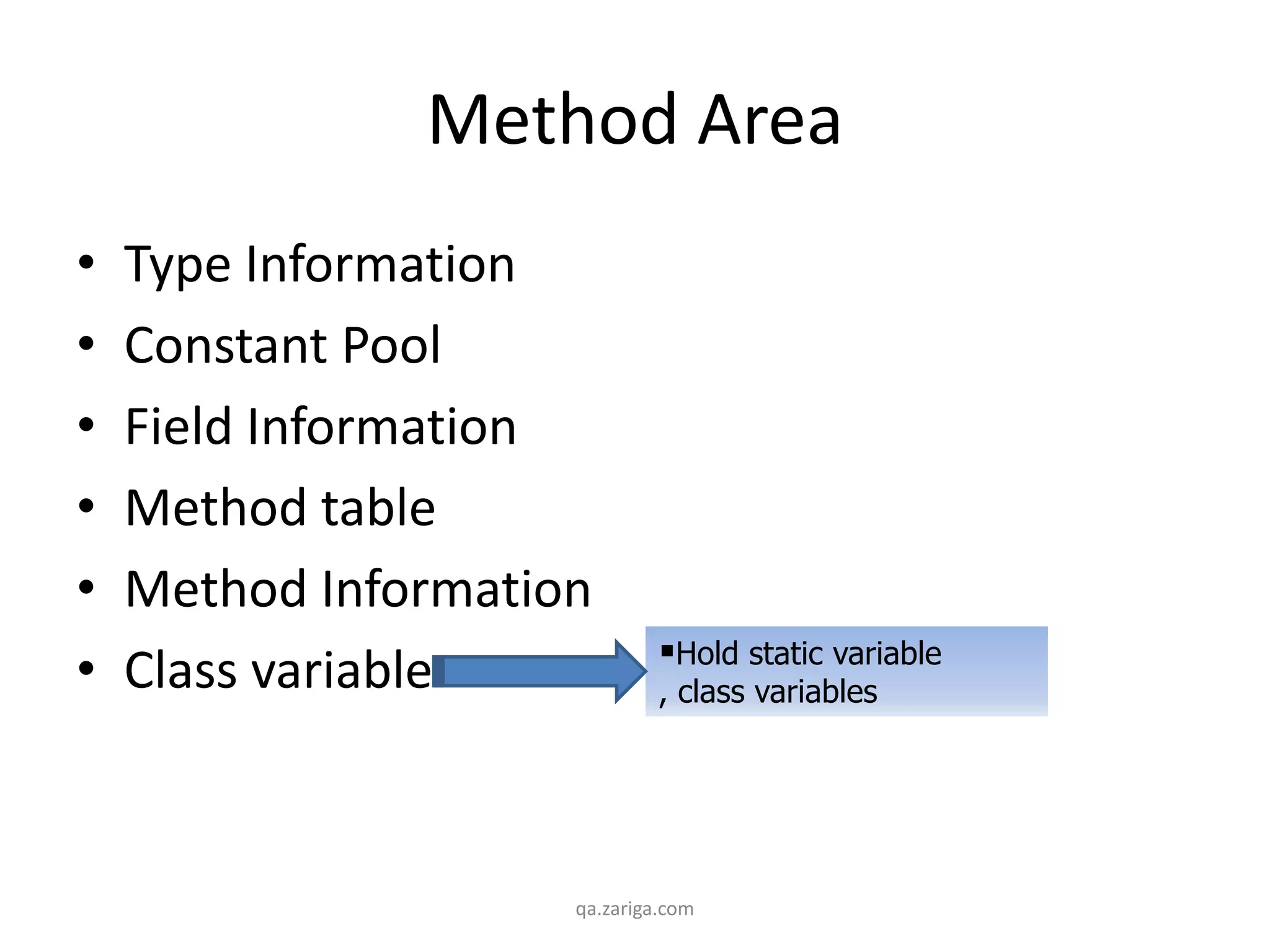 Method Area
• Type Information
• Constant Pool
• Field Information
• Method table
• Method Information
• Class variable
qa.zariga.com
Hold static variable
, class variables
 