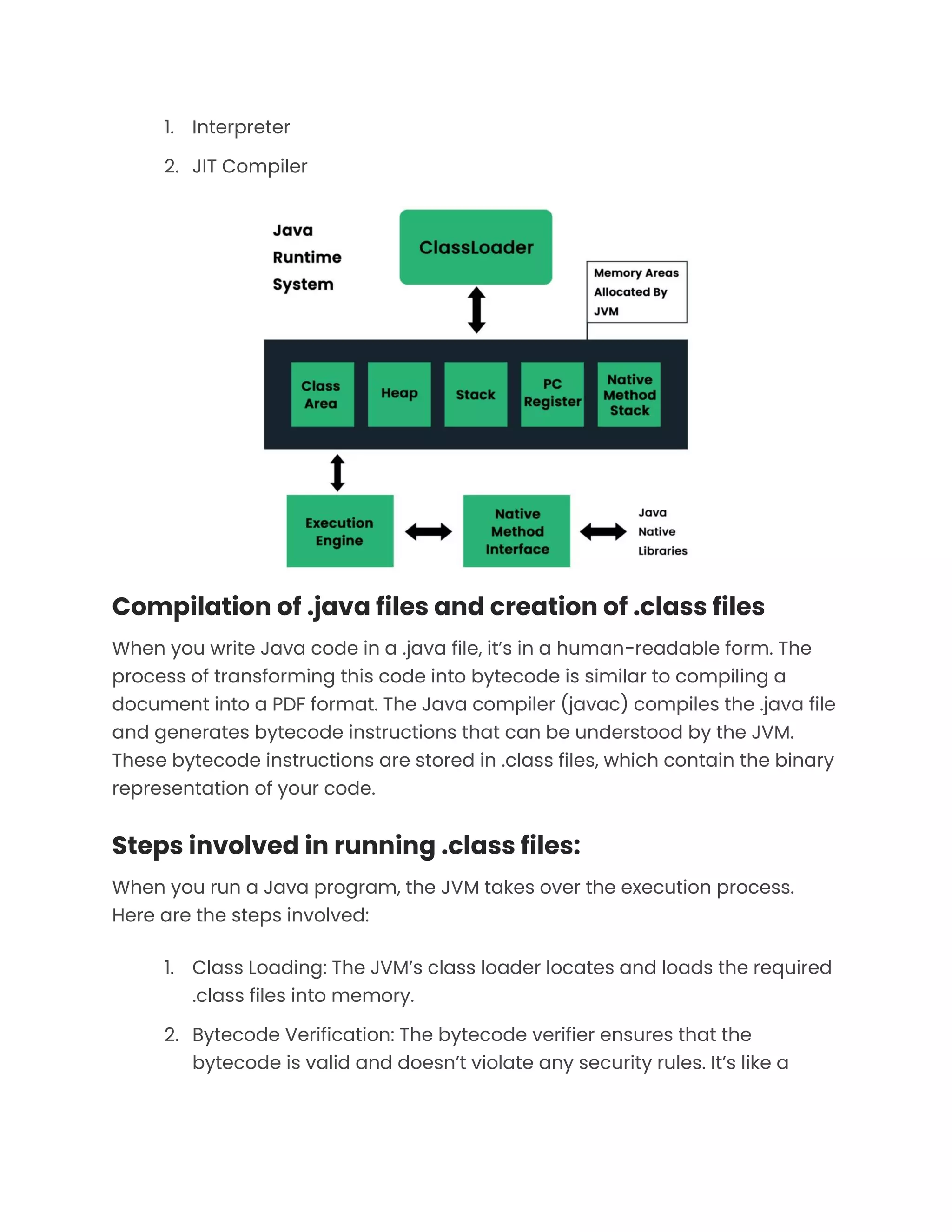 1. Interpreter
2. JIT Compiler
Compilation of .java files and creation of .class files
When you write Java code in a .java file, it’s in a human-readable form. The
process of transforming this code into bytecode is similar to compiling a
document into a PDF format. The Java compiler (javac) compiles the .java file
and generates bytecode instructions that can be understood by the JVM.
These bytecode instructions are stored in .class files, which contain the binary
representation of your code.
Steps involved in running .class files:
When you run a Java program, the JVM takes over the execution process.
Here are the steps involved:
1. Class Loading: The JVM’s class loader locates and loads the required
.class files into memory.
2. Bytecode Verification: The bytecode verifier ensures that the
bytecode is valid and doesn’t violate any security rules. It’s like a
 