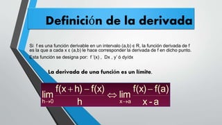 Definición de la derivada
Si f es una función derivable en un intervalo (a,b) є R, la función derivada de f
es la que a cada x ε (a,b) le hace corresponder la derivada de f en dicho punto.
Esta función se designa por: f ’(x) , Dx , y’ ó dy/dx
La derivada de una función es un límite.
a-x
f(a)f(x)
lim
h
f(x)h)f(x
lim
ax0h




 