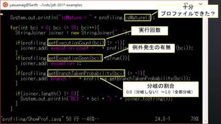 十分
プロファイルできた？
実行回数
例外発生の有無
分岐の割合
0.0（分岐しない）～1.0（全部分岐）
 