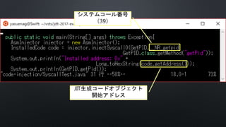 JIT生成コードオブジェクト
開始アドレス
システムコール番号
（39）
 