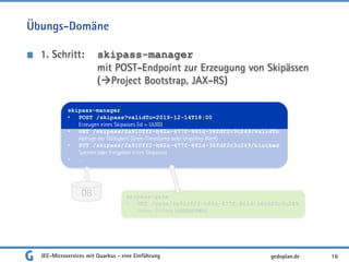 Übungs-Domäne
1. Schritt: skipass-manager
mit POST-Endpoint zur Erzeugung von Skipässen
(Project Bootstrap, JAX-RS)
JEE-Microservices mit Quarkus - eine Einführung 16gedoplan.de
skipass-manager
• POST /skipass?validTo=2019-12-14T18:00
Erzeugen eines Skipasses (id = UUID)
• GET /skipass/2a910ff2-b92a-477f-861d-36fdf2c3c249/validTo
Abfrage der Gültigkeit (Ende-Timestamp oder Ungültig-Wert)
• PUT /skipass/2a910ff2-b92a-477f-861d-36fdf2c3c249/blocked
Sperren oder Freigeben eines Skipasses
• …
DB skipass-gate
• GET /gate/2a910ff2-b92a-477f-861d-36fdf2c3c249
Einlass-Prüfung (GREEN/RED)
 