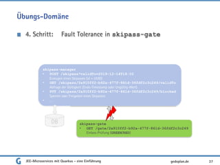 Übungs-Domäne
4. Schritt: Fault Tolerance in skipass-gate
JEE-Microservices mit Quarkus - eine Einführung 37gedoplan.de
skipass-manager
• POST /skipass?validTo=2019-12-14T18:00
Erzeugen eines Skipasses (id = UUID)
• GET /skipass/2a910ff2-b92a-477f-861d-36fdf2c3c249/validTo
Abfrage der Gültigkeit (Ende-Timestamp oder Ungültig-Wert)
• PUT /skipass/2a910ff2-b92a-477f-861d-36fdf2c3c249/blocked
Sperren oder Freigeben eines Skipasses
• …
DB skipass-gate
• GET /gate/2a910ff2-b92a-477f-861d-36fdf2c3c249
Einlass-Prüfung (GREEN/RED)
 