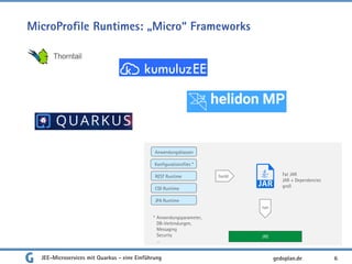 MicroProfile Runtimes: „Micro“ Frameworks
6
Anwendungsklassen
Konfigurationsfiles *
CDI Runtime
JPA Runtime
REST Runtime
JRE
build
run
* Anwendungsparameter,
DB-Verbindungen,
Messaging
Security
…
Fat JAR
JAR + Dependencies
groß
gedoplan.deJEE-Microservices mit Quarkus - eine Einführung
 
