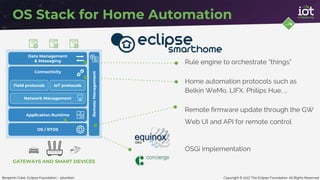 Copyright © 2017 The Eclipse Foundation. All Rights ReservedBenjamin Cabé, Eclipse Foundation - @kartben
GATEWAYS AND SMART DEVICES
RemoteManagement
Application Runtime
Data Management
& Messaging
OS / RTOS
Connectivity
Field protocols IoT protocols
Network Management
OS Stack for Home Automation
OSGi implementation
Rule engine to orchestrate “things”
Home automation protocols such as
Belkin WeMo, LIFX, Philips Hue, …
Remote firmware update through the GW
Web UI and API for remote control
 