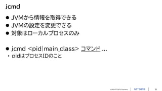 © 2023 NTT DATA Corporation 33
jcmd
 JVMから情報を取得できる
 JVMの設定を変更できる
 対象はローカルプロセスのみ
 jcmd <pid|main_class> コマンド ...
• pidはプロセスIDのこと
 