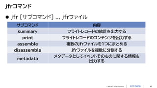 © 2023 NTT DATA Corporation 43
jfrコマンド
 jfr [サブコマンド] ... jfrファイル
サブコマンド 内容
summary フライトレコードの統計を出力する
print フライトレコードのコンテンツを出力する
assemble 複数のjfrファイルを1つにまとめる
disassemble jfrファイルを複数に分割する
metadata
メタデータとしてイベントそのものに関する情報を
出力する
 