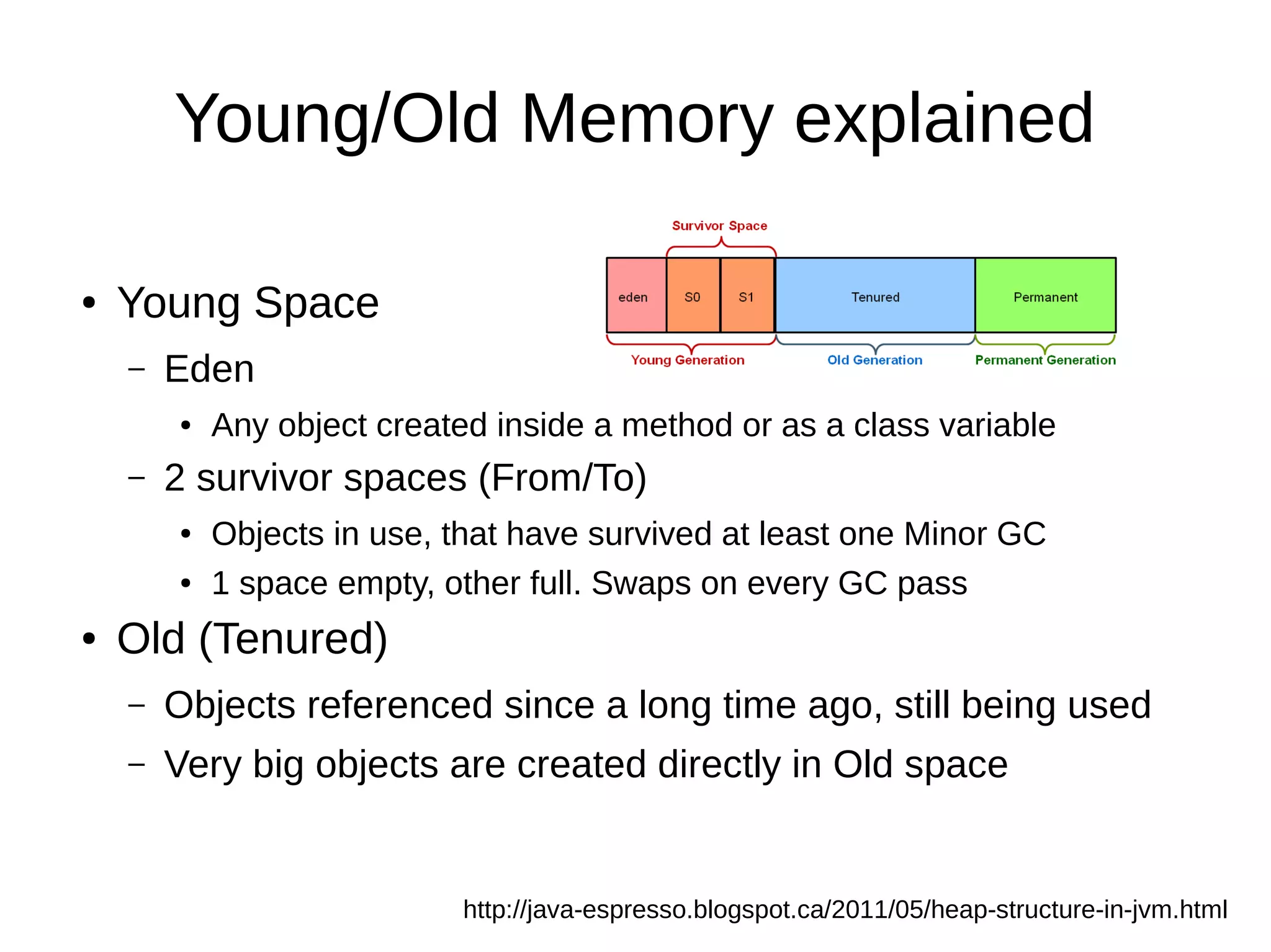Young/Old Memory explained

●   Young Space
    –   Eden
        ●   Any object created inside a method or as a class variable
    –   2 survivor spaces (From/To)
        ●   Objects in use, that have survived at least one Minor GC
        ●   1 space empty, other full. Swaps on every GC pass
●   Old (Tenured)
    –   Objects referenced since a long time ago, still being used
    –   Very big objects are created directly in Old space


                            http://java-espresso.blogspot.ca/2011/05/heap-structure-in-jvm.html
 