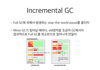 Incremental GC
• Full GC에 의해서 발생하는 stop-the-world pause를 줄이자
• Minor GC가 일어날 때마다, old영역을 조금씩 GC해서자 
결과적으로 Full GC를 최소한으로 일어나게 만들자
 